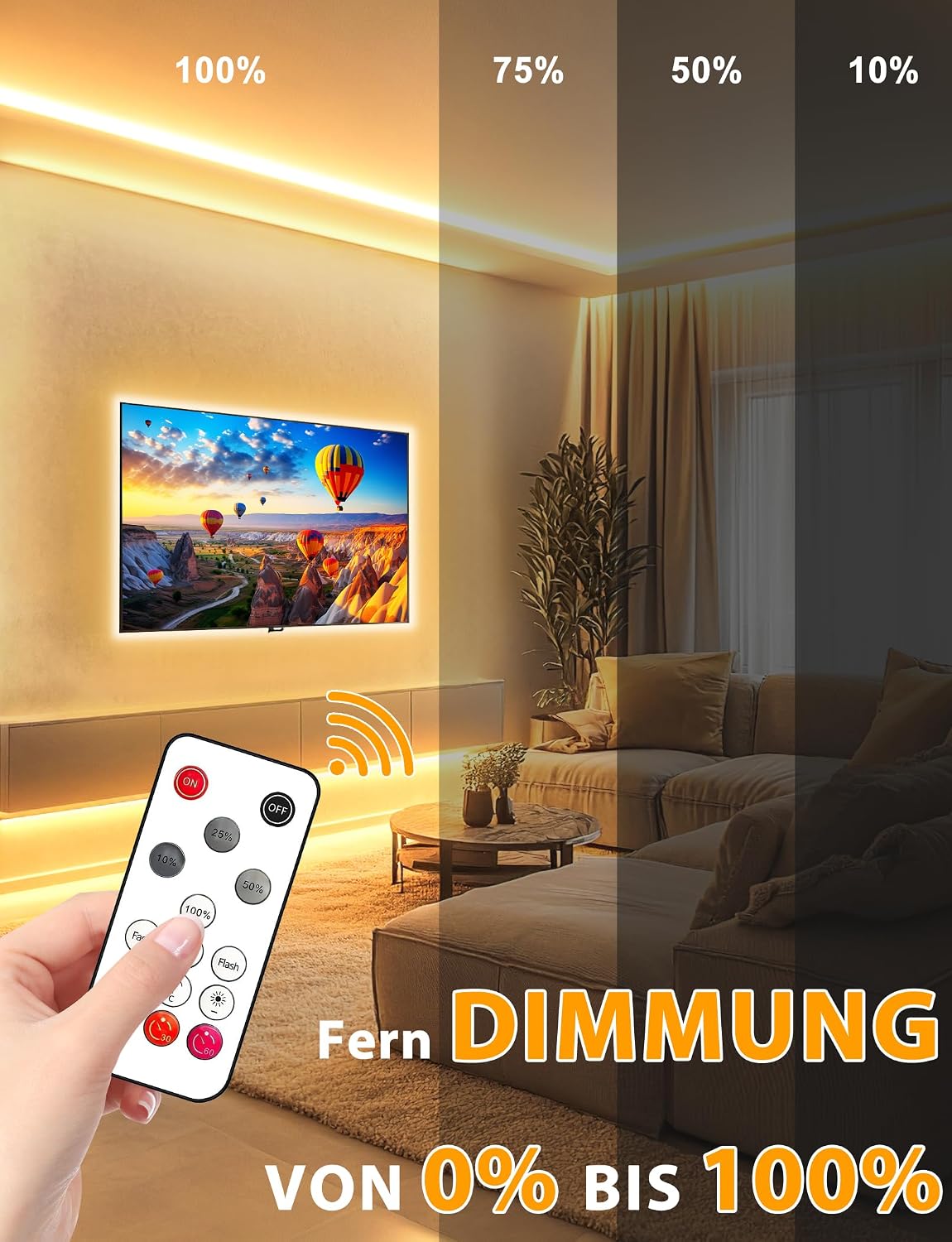 Detalle 2 de Lamomo COB LED-Streifen warmweiß dimmbar 5 m mit Fernbedienung (IP65, 10 mm breit, CRI90+)