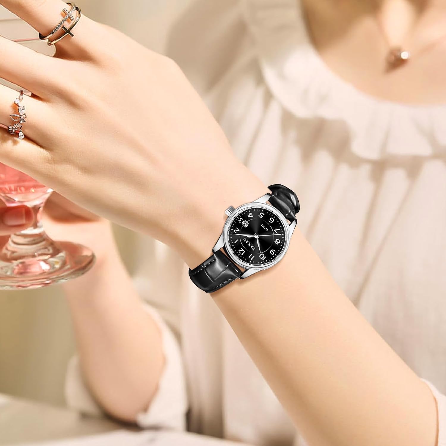 Detalle 2 de Taxau Damenuhr analoge Quarzuhr mit Lederarmband – Business-Armbanduhr mit Datum, wasserdicht