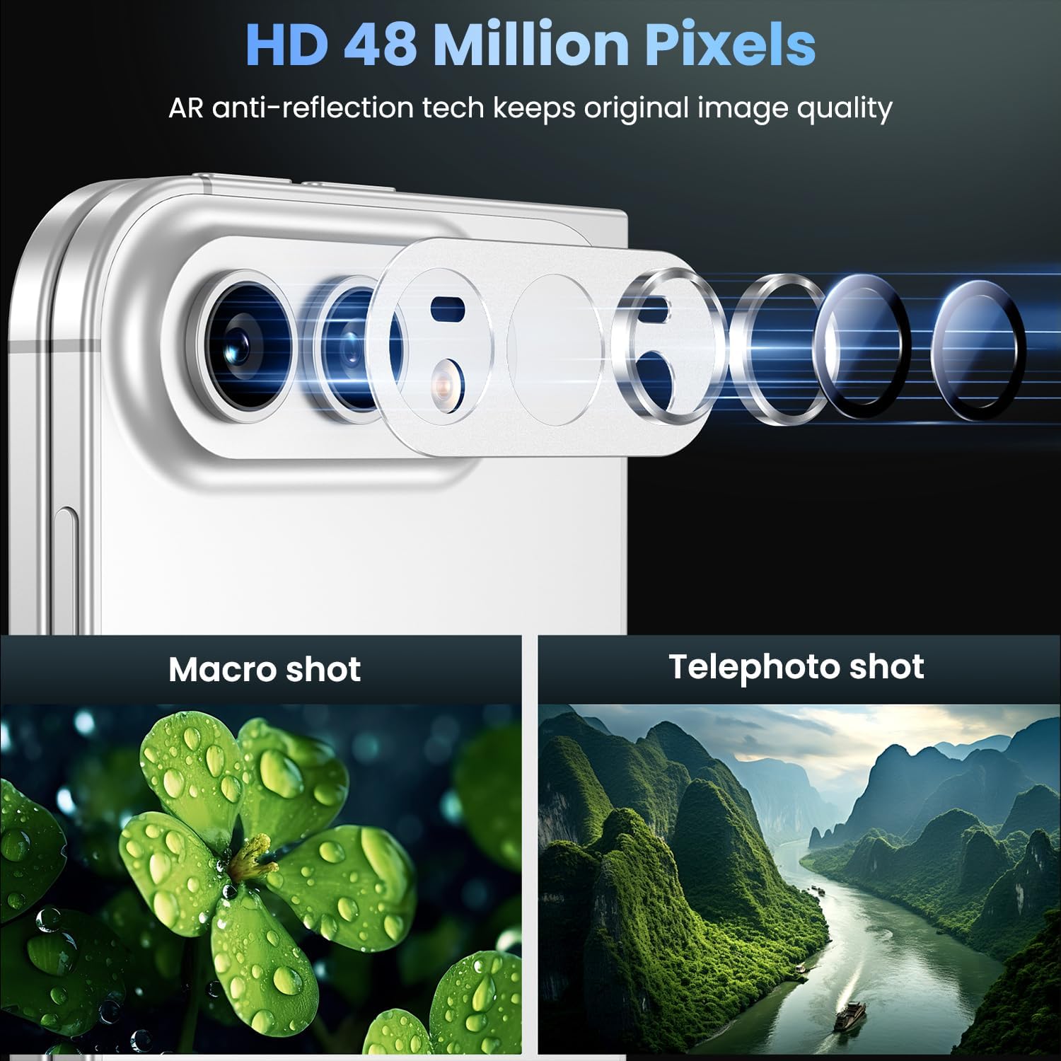 Detalle de Uyiton iPhone Duo Camera Lens Protector, Sapphire Glass, Metal Frame, Star White