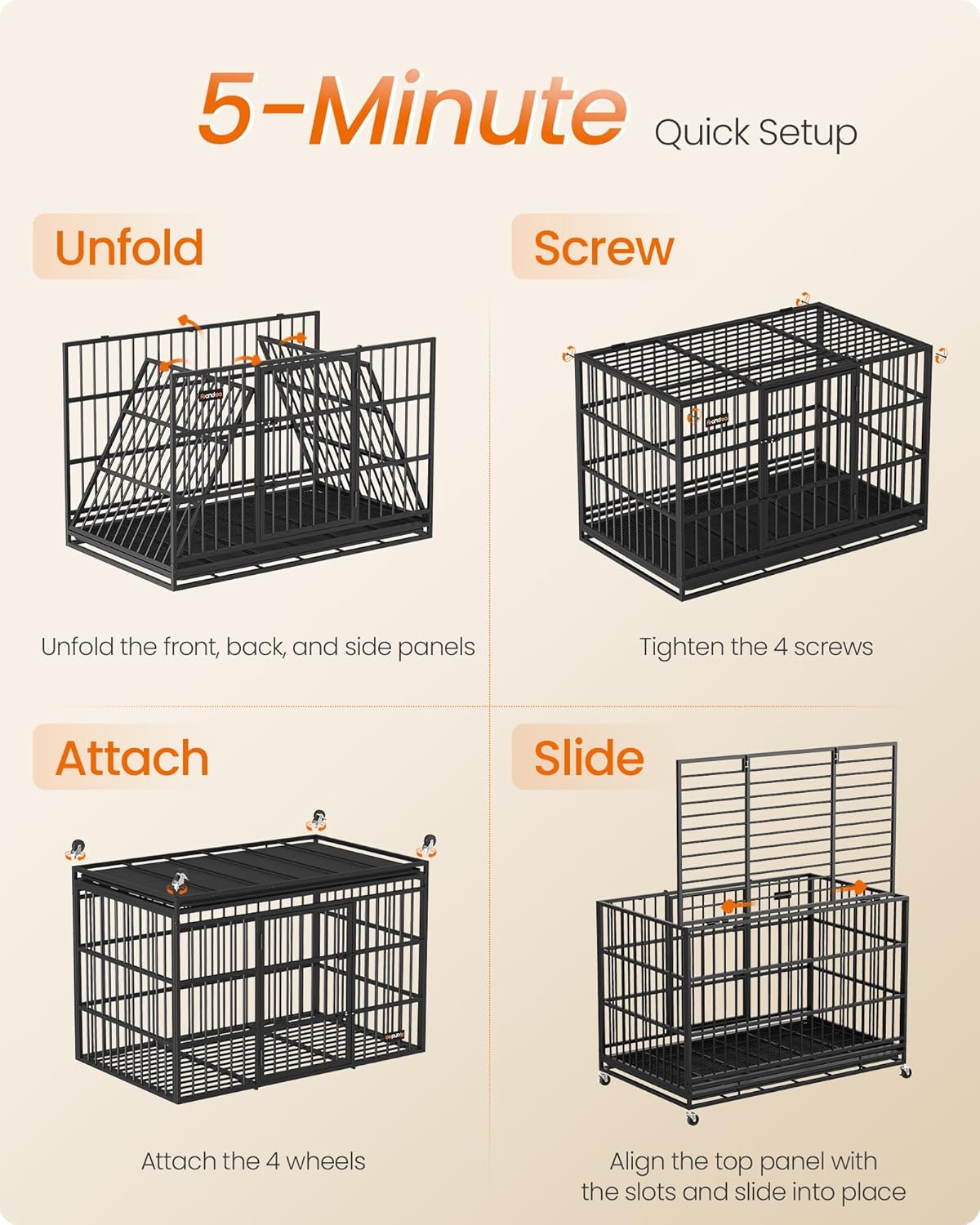 Detalle de Feandrea Heavy-Duty Dog Crate (PPD035BH01) – 5-minute quick assembly, foldable kennel with lockable wheels