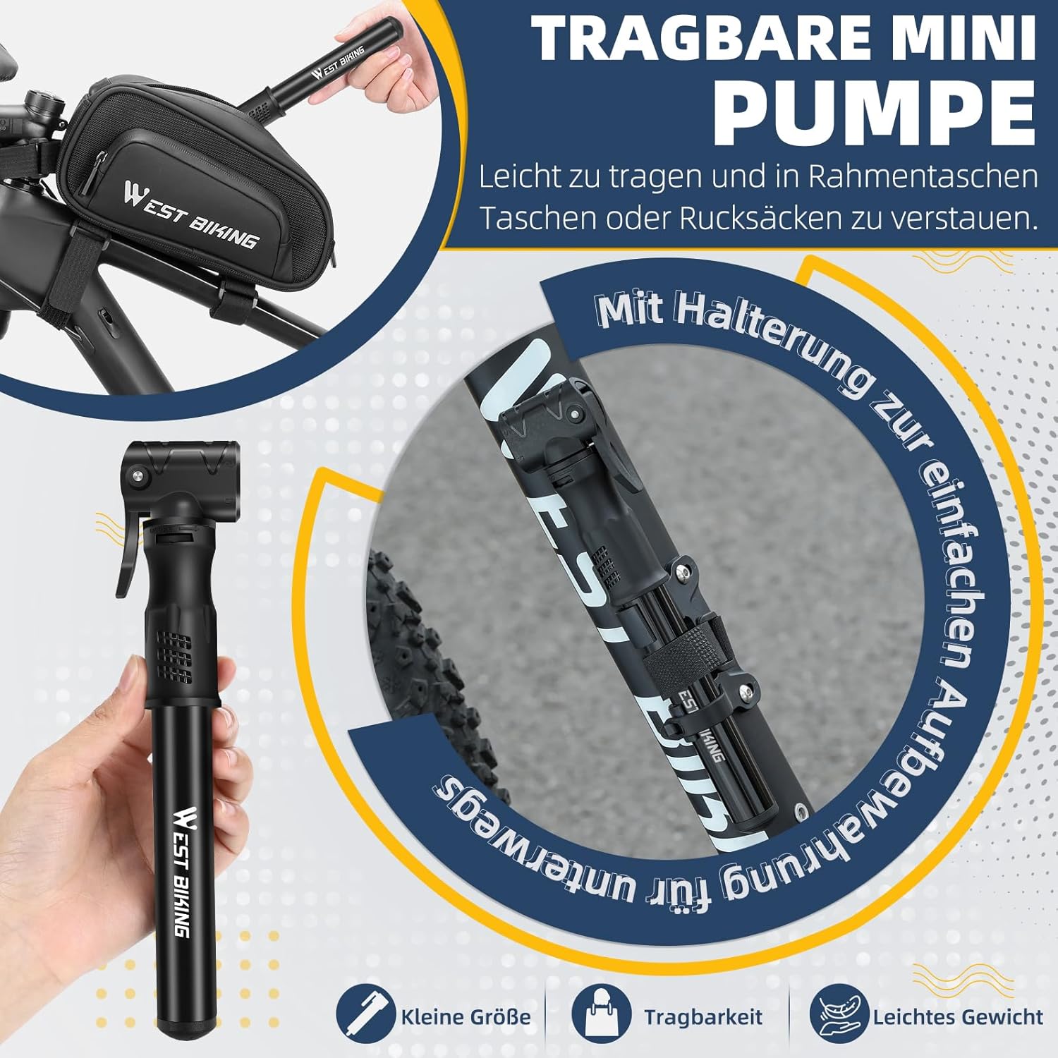 Thumbnail 2 de West Biking Mini Fahrradpumpe – Aluminium, 80–100 PSI, Dualventil, tragbar