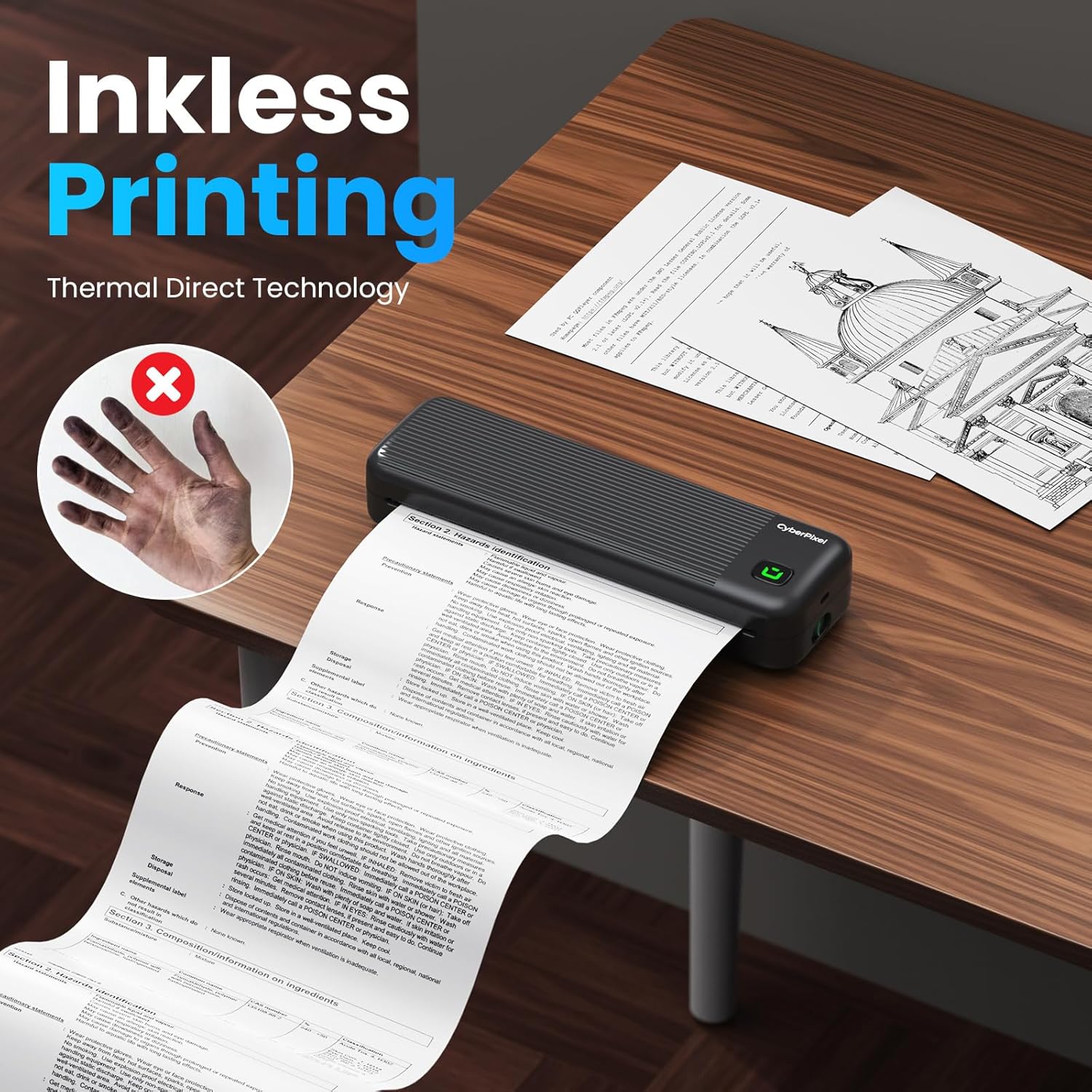 Thumbnail 3 de CyberPixel Portable Wireless Inkless Thermal Printer (Bluetooth + USB) for Travel, A4 & US Letter, Black