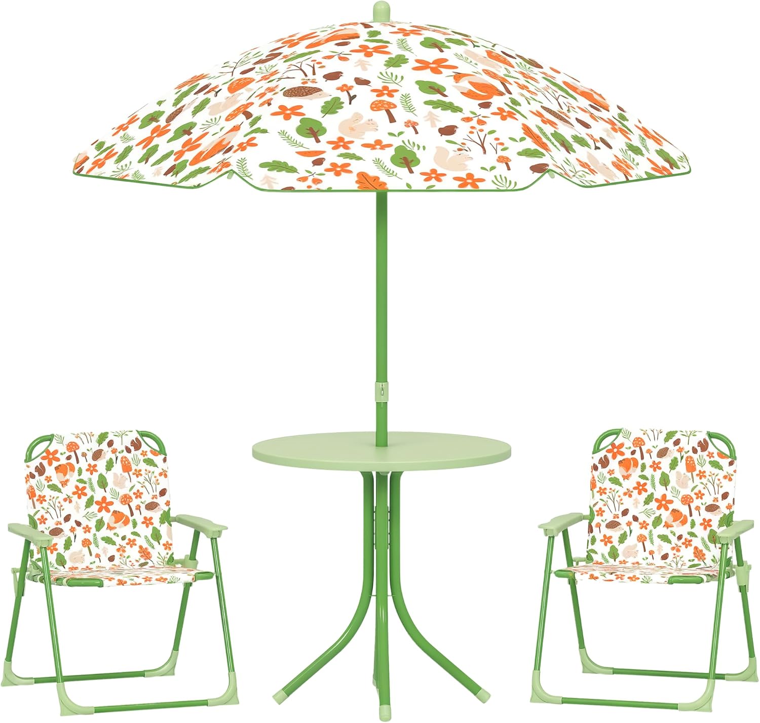 AIYAPLAY Ensemble salon de jardin enfant 4 pièces (table, 2 chaises pliantes et parasol) motif éléphant et girafe