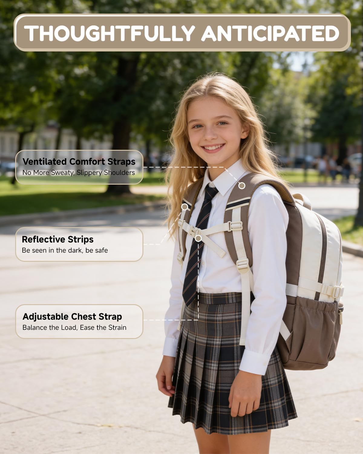 Detalle 2 de Amythe Sac à Dos Filles Primaire et Collège – Cartable imperméable 15,6", 25 L, Marron