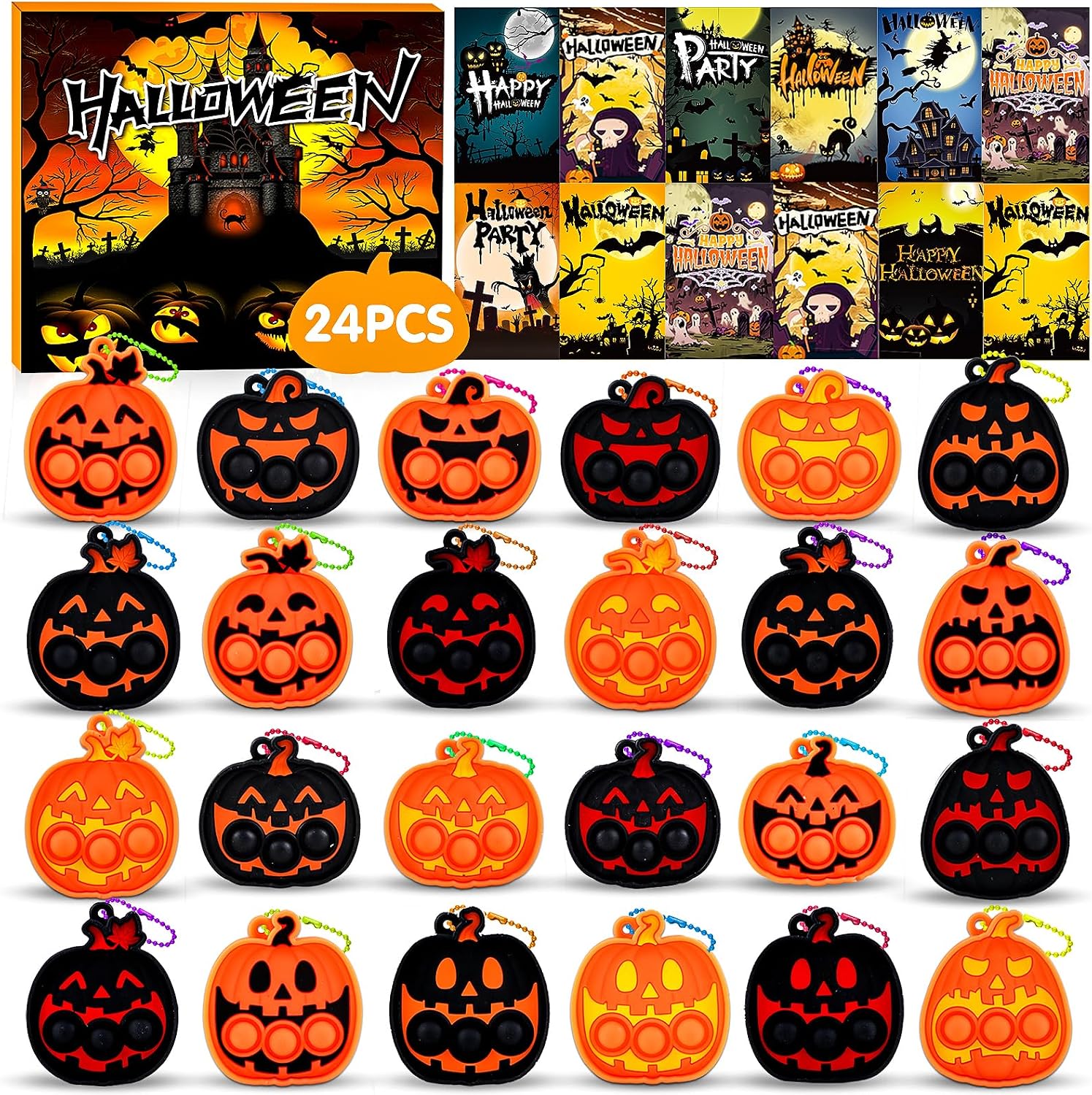Detalle de Kiss Monkey Halloween Pumpkin Pop Fidget Toys, 24-Piece Silicone Keychains