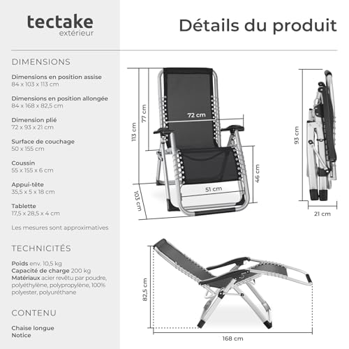 Thumbnail 2 de tectake Fauteuil de Jardin Chaise Longue Pliable & Inclinable avec Rembourrage et Appuie-tête Amovible