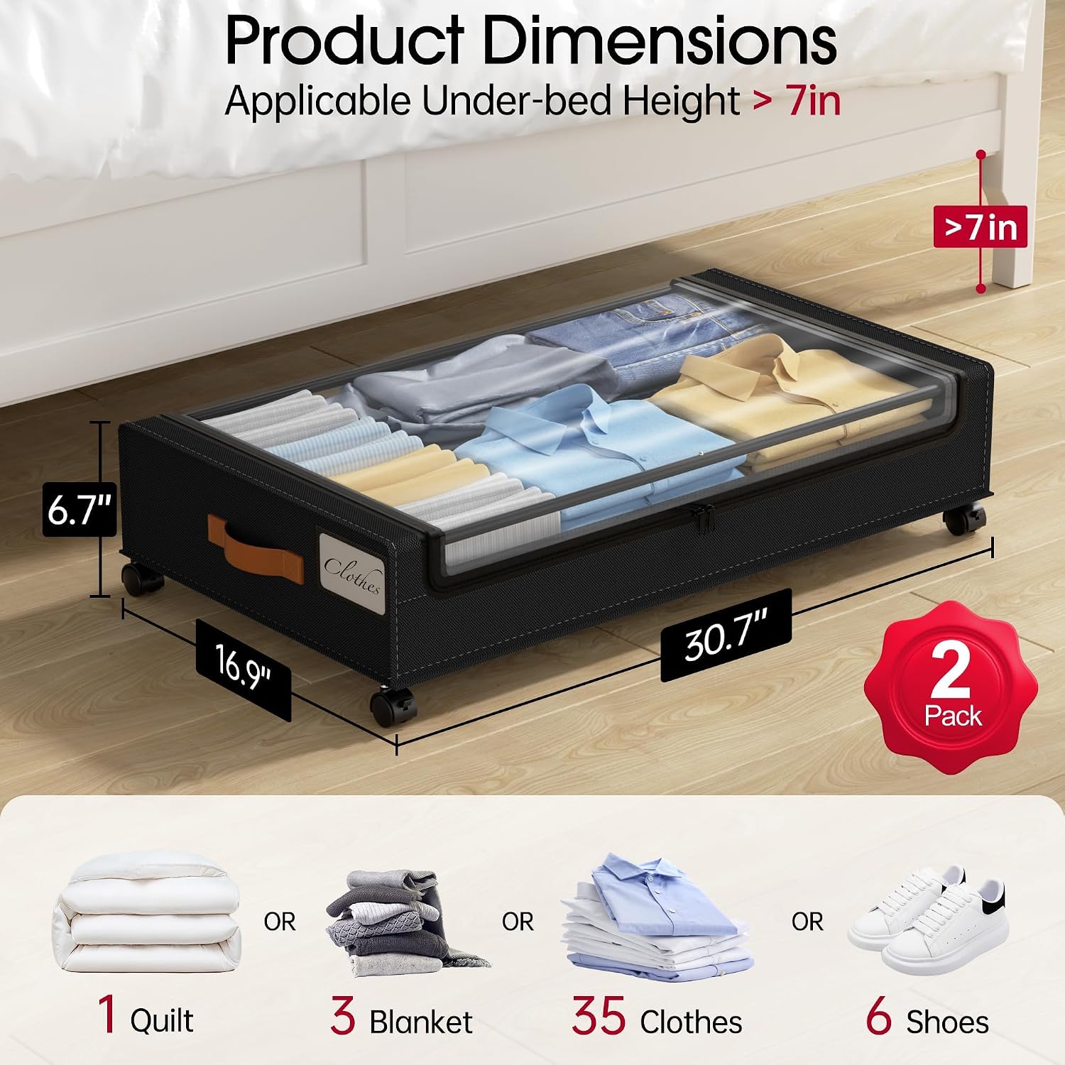 Detalle de Yecaye Under-Bed Storage with Wheels, 60L