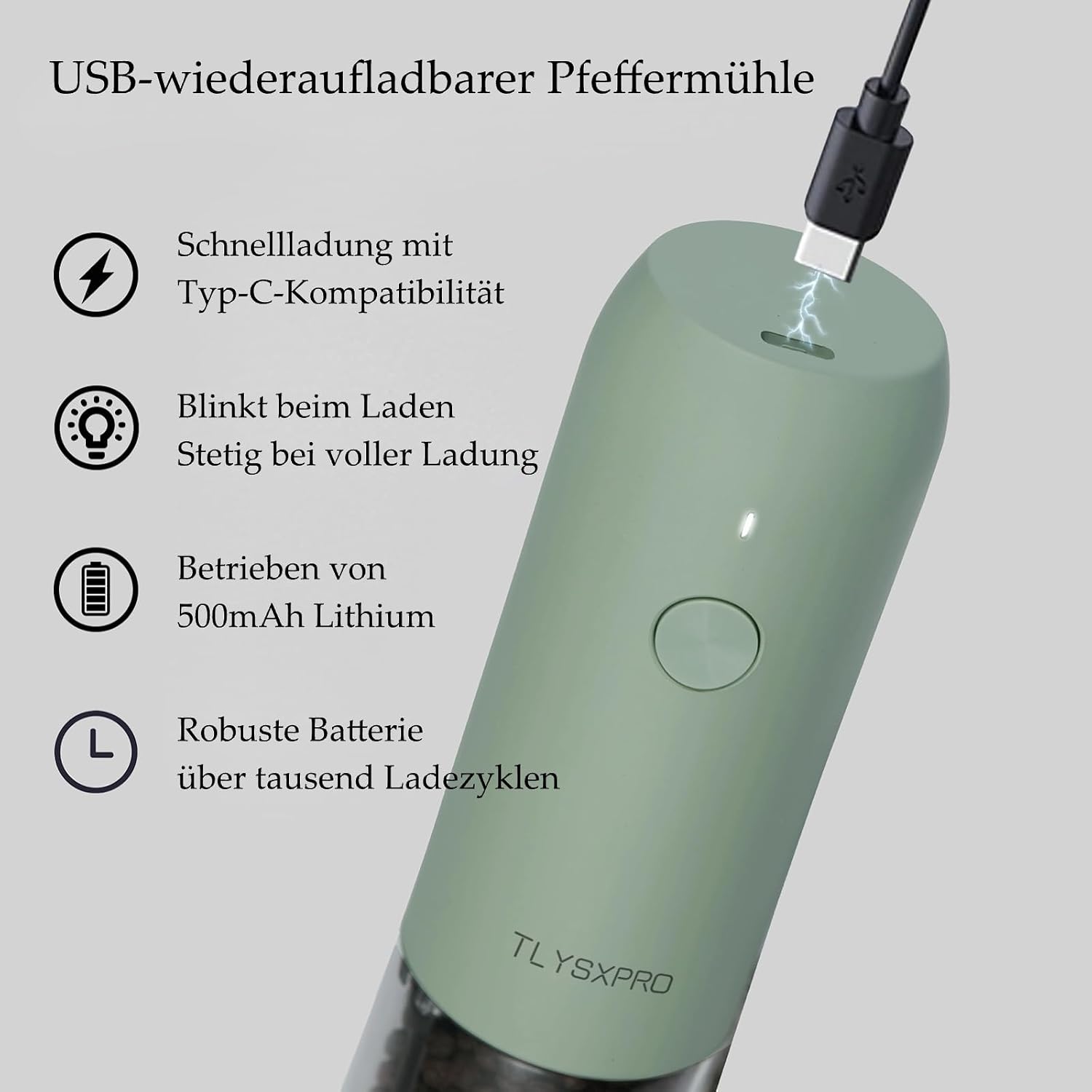 Detalle de TLYSXPRO Elektrische Salz- und Pfeffermühle 2er-Set (USB wiederaufladbar, LED, einstellbare Grobheit) in Salbeigrün