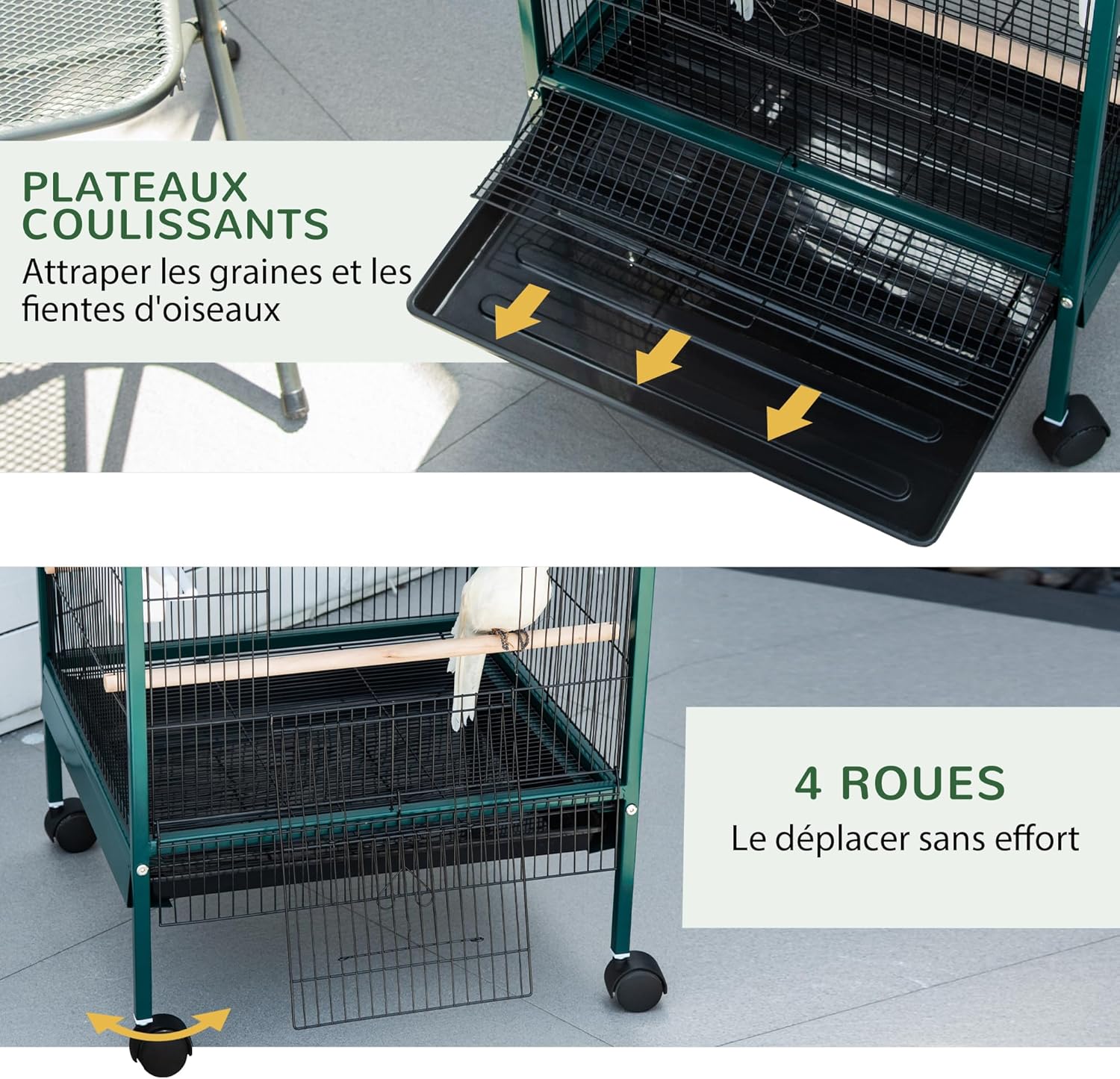 Detalle de PawHut Grande Cage à Oiseaux sur Pied – Volière double avec plateaux amovibles et roulettes