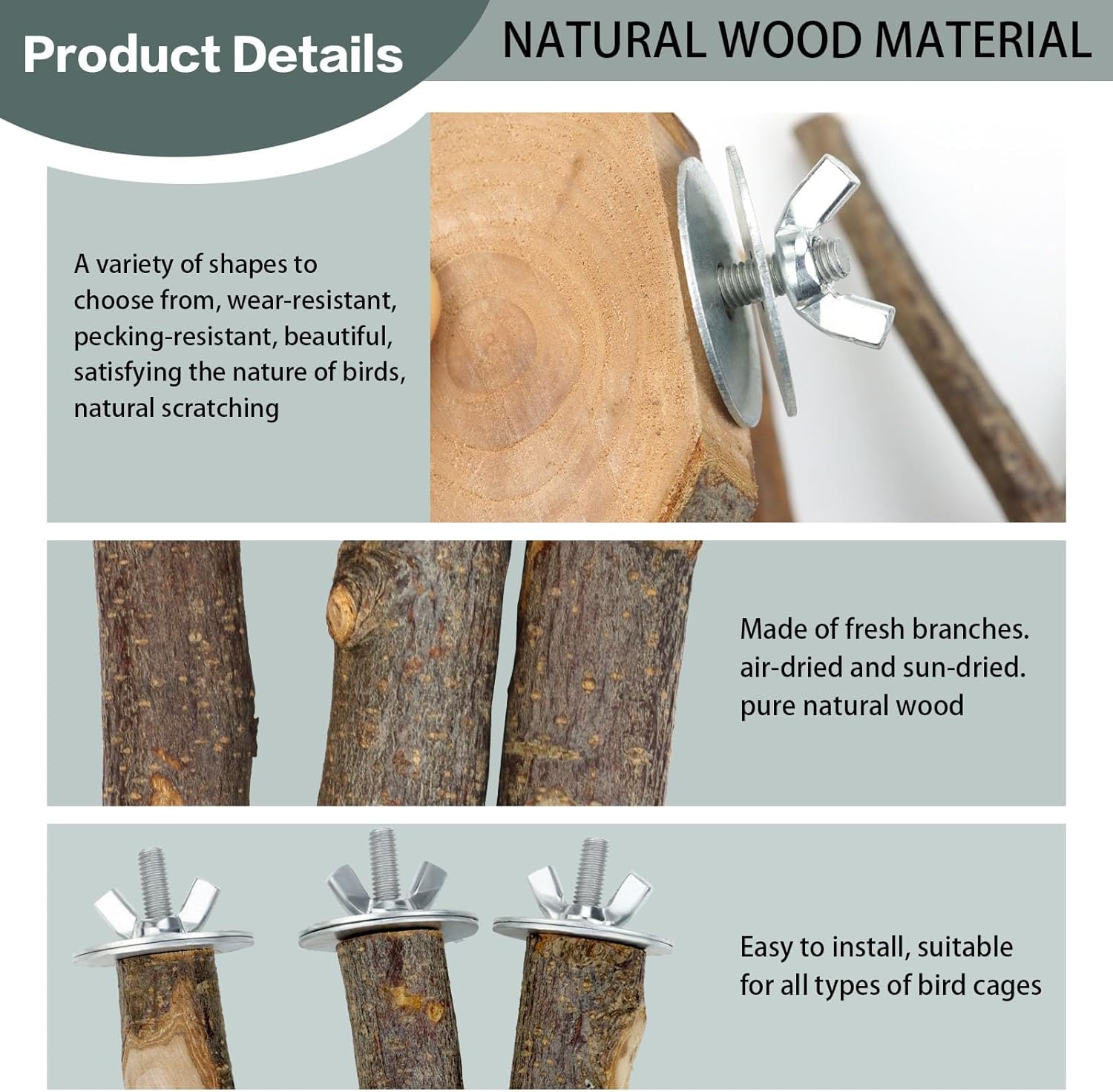 Thumbnail 2 de PERSENTU 8-Piece Natural Wooden Bird Cage Perches Set for Budgies, Cockatiels & Small Birds