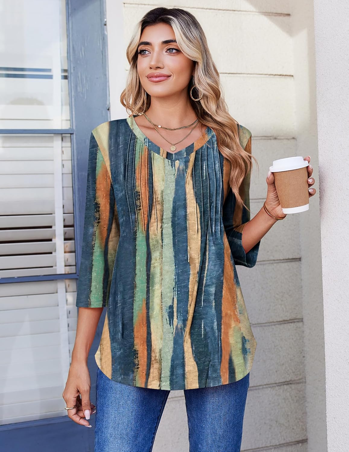 Detalle 2 de Zeagoo 3/4 Sleeve V Neck Pleated Top