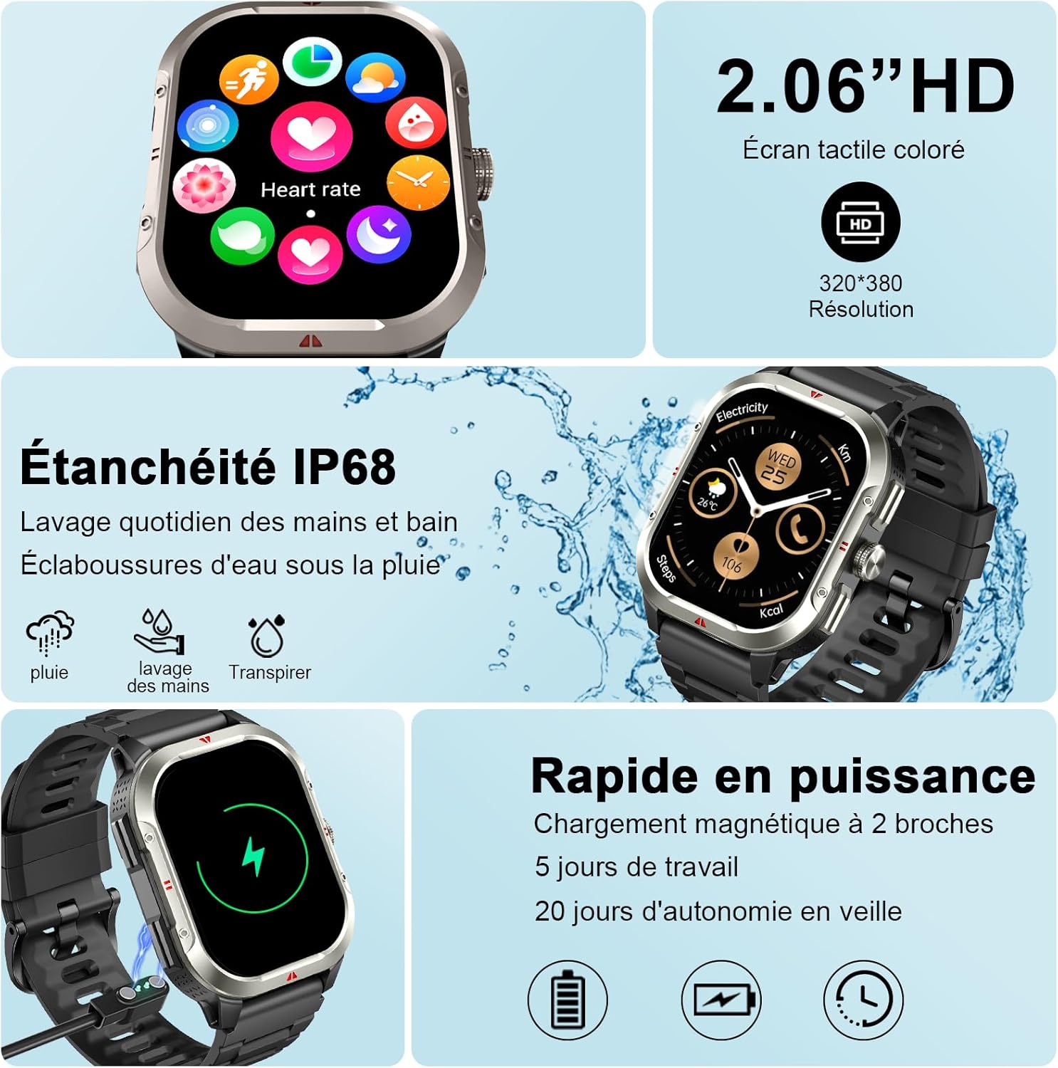 Thumbnail 3 de Jugeman montre connectée avec GPS intégré et appels Bluetooth (GPS, podomètre, suivi sommeil/activité) étanche IP68
