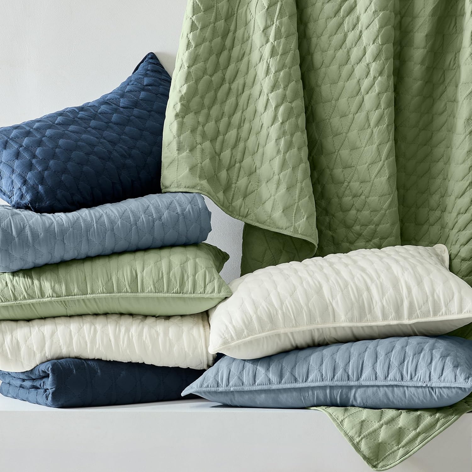 Thumbnail 5 de Beige Quilt King Size Bedding Set with Pillow Shams - 3 Pieces, Lightweight Geometric Quilt Coverlet