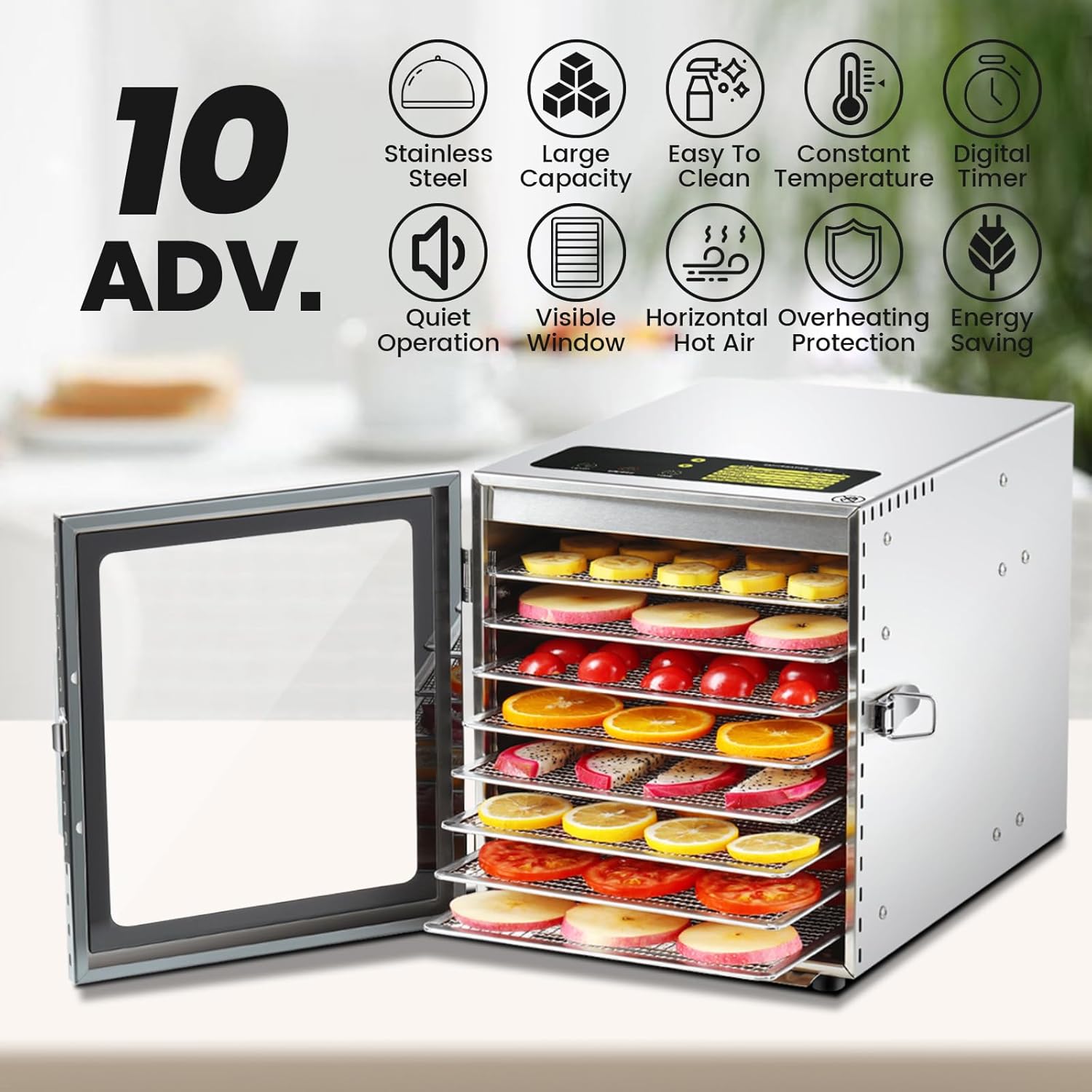 Detalle de Cercker 8-Tray Stainless Steel Food Dehydrator (500W) with 24H Timer, 70°F–190°F Jerky & Fruit Dryer