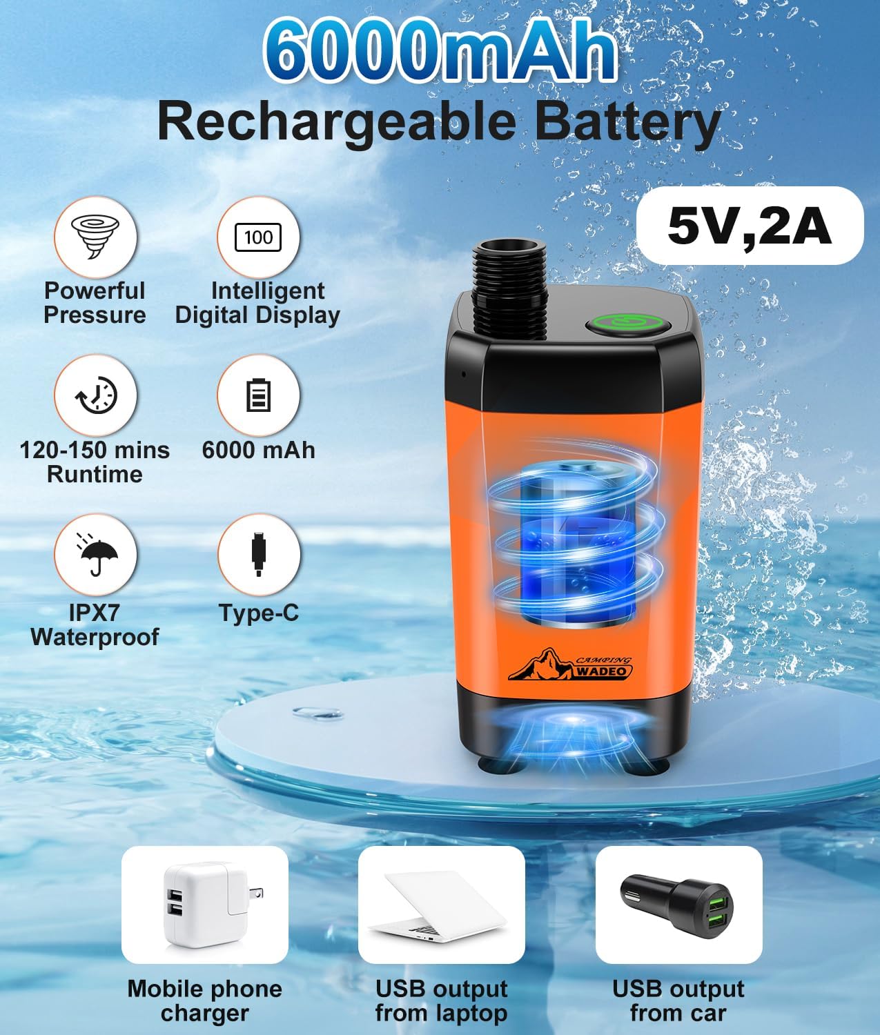 Detalle de WADEO A21 draagbare campingdouche met 6.000 mAh-accu en 3 standen