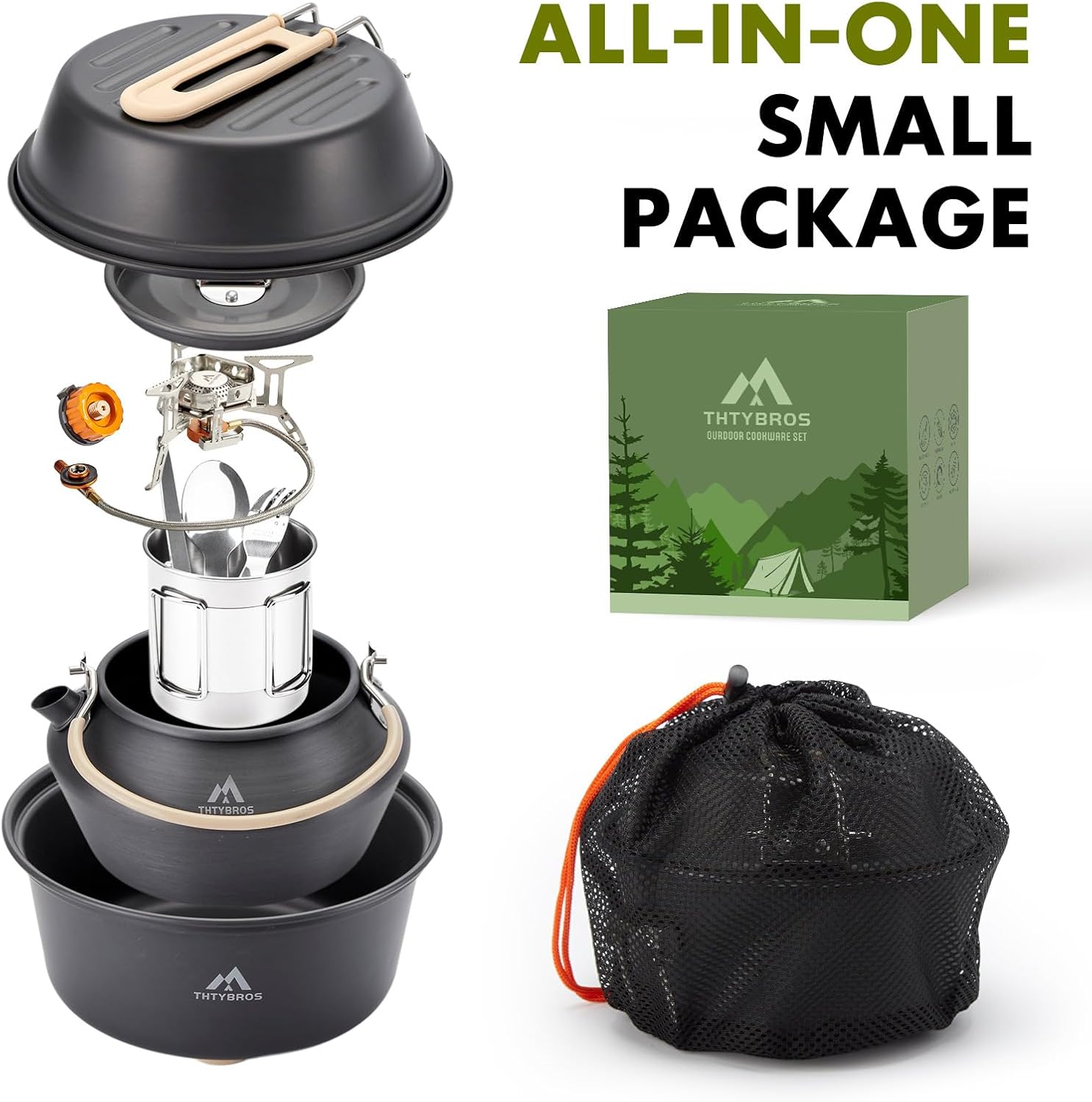 Detalle 2 de THTYBROS Camping Cookware Set with Kettle, Folding Stove and Stainless Steel Utensils