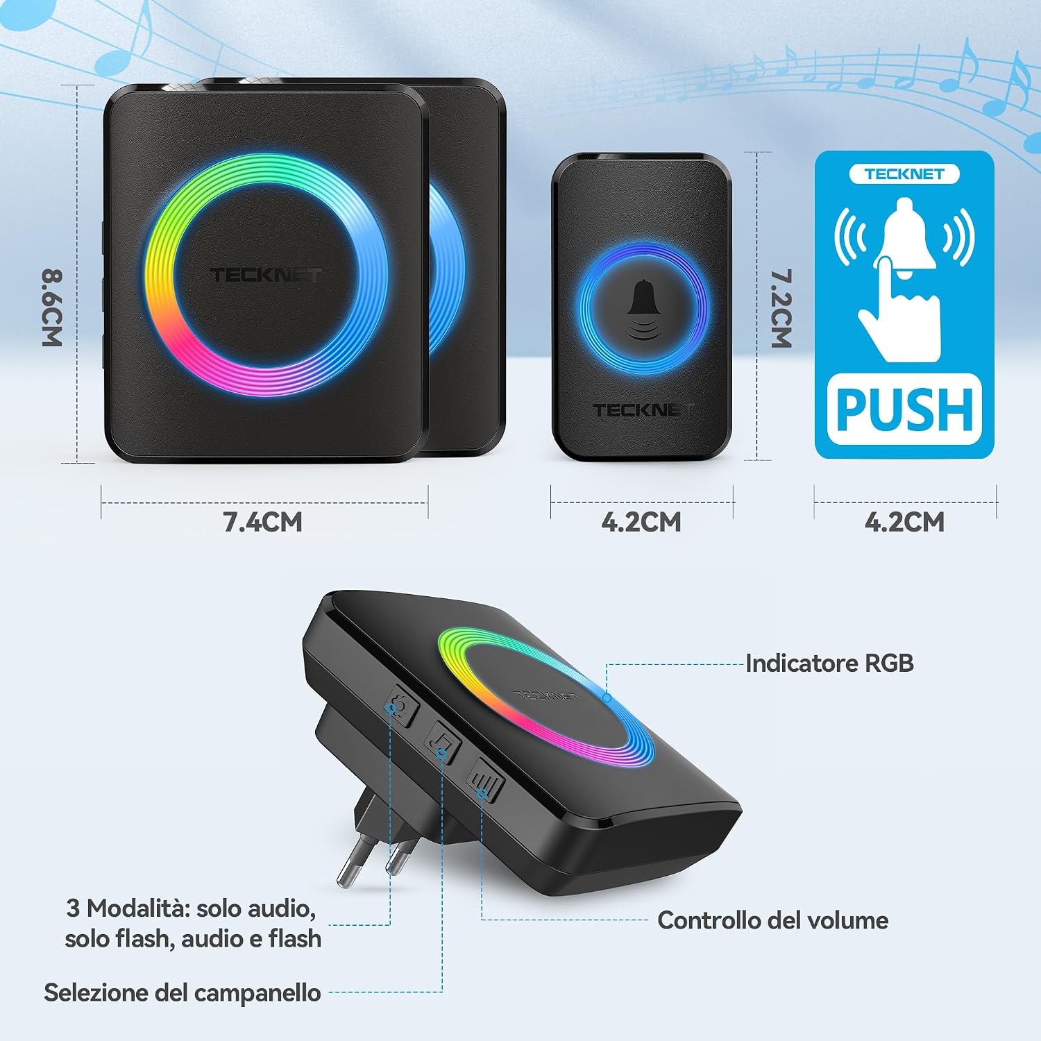 Detalle de TECKNET Campanello Wireless: campanello da esterno impermeabile con 60 melodie, 5 livelli di volume e due ricevitori