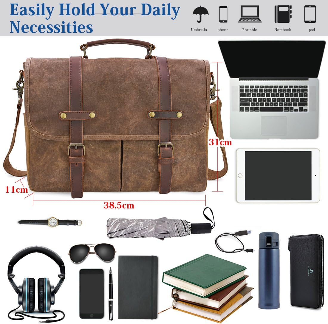 Thumbnail 2 de NEWHEY men’s 15.6-inch canvas leather waterproof laptop messenger bag