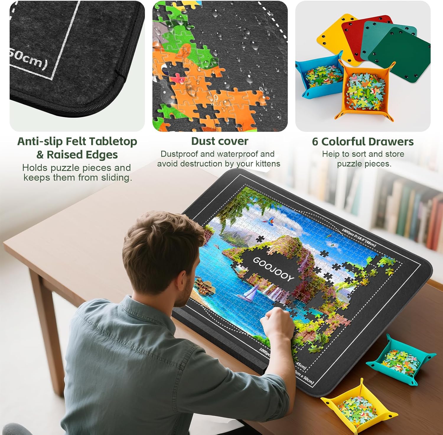Detalle de GOOJOOY Plateau Puzzle avec Support Réglable et Couvercle Protecteur – ensemble portable pour puzzles jusqu’à 1000 pièces