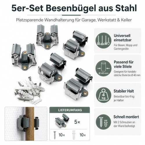 Detalle de WilTec Jeu de 5 Accroche-balai mural en acier – râtelier mural pour outils de nettoyage et jardinage