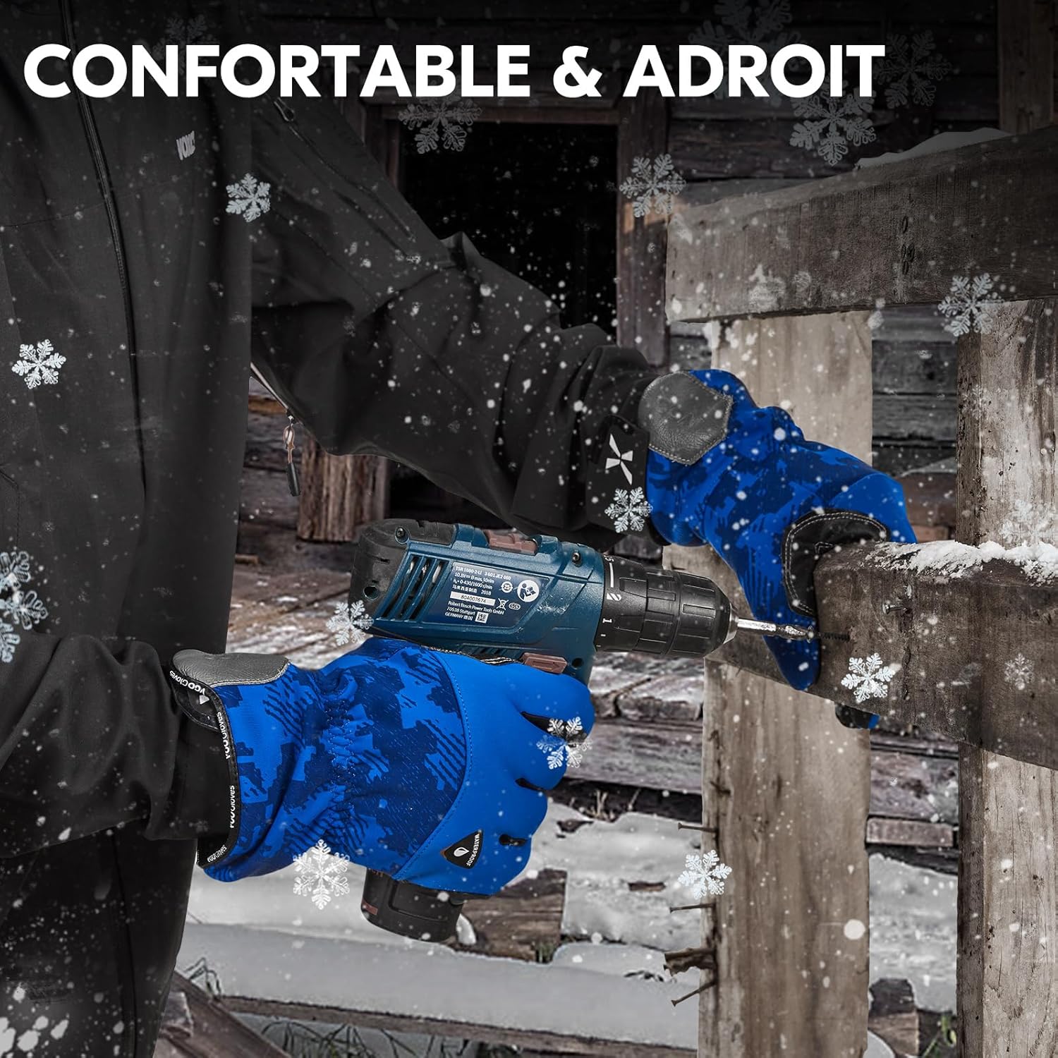 Thumbnail 3 de Gants de travail d'hiver en cuir de vache Vgo… avec doublure 3M Thinsulate C40 – Bleus, XL, imperméables