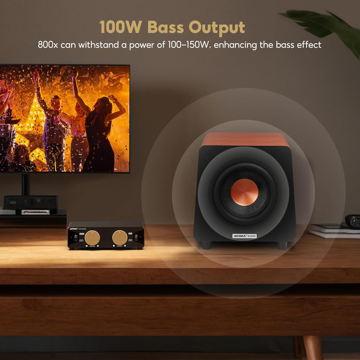 Detalle de AIYIMA 800X 8-Inch Powered Subwoofer: Deep Bass for Home Theatres and Games
