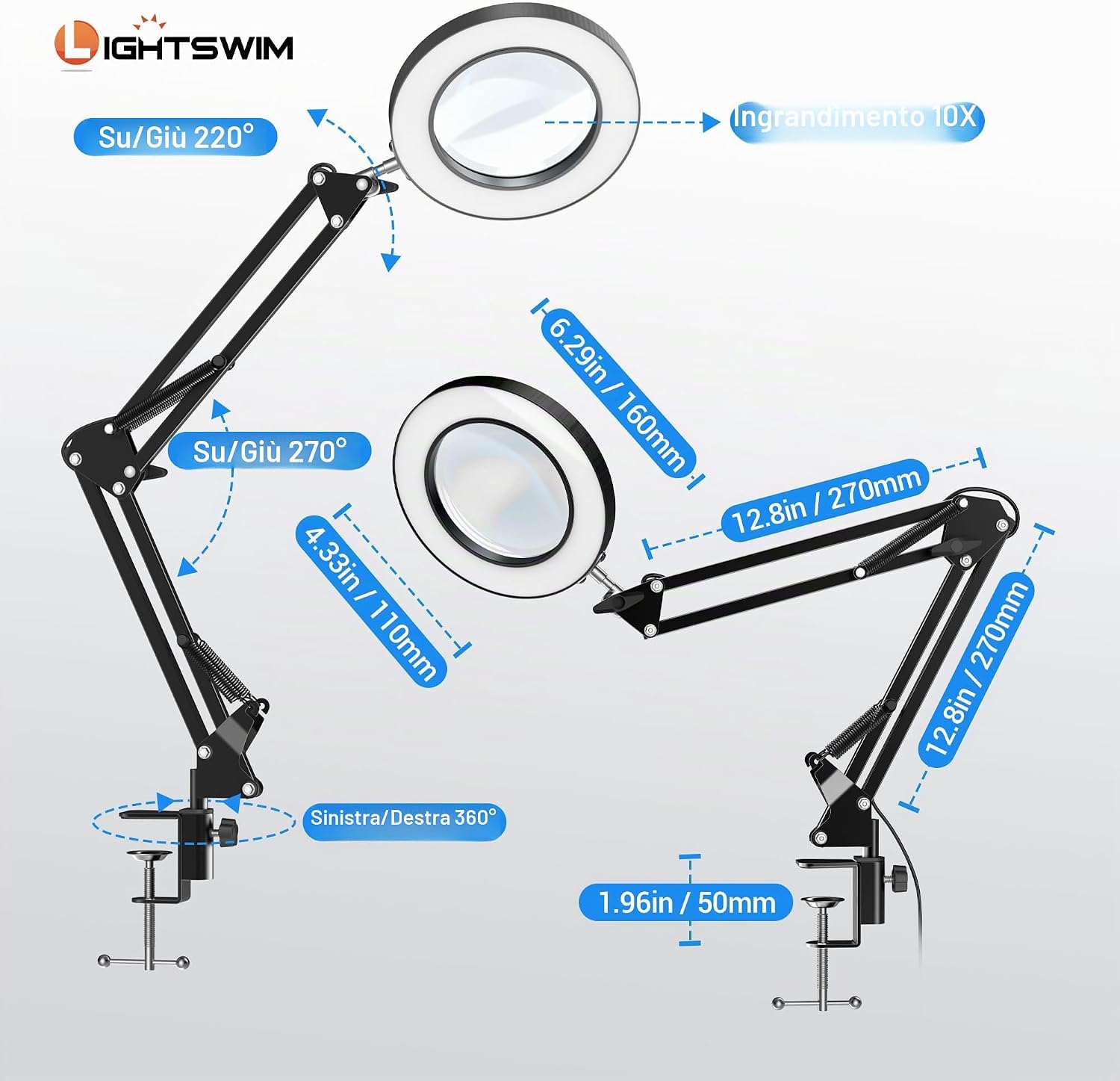 Detalle 2 de Lampada da scrivania con lente d'ingrandimento 10X a LED con morsetto e lenti 30X/45X