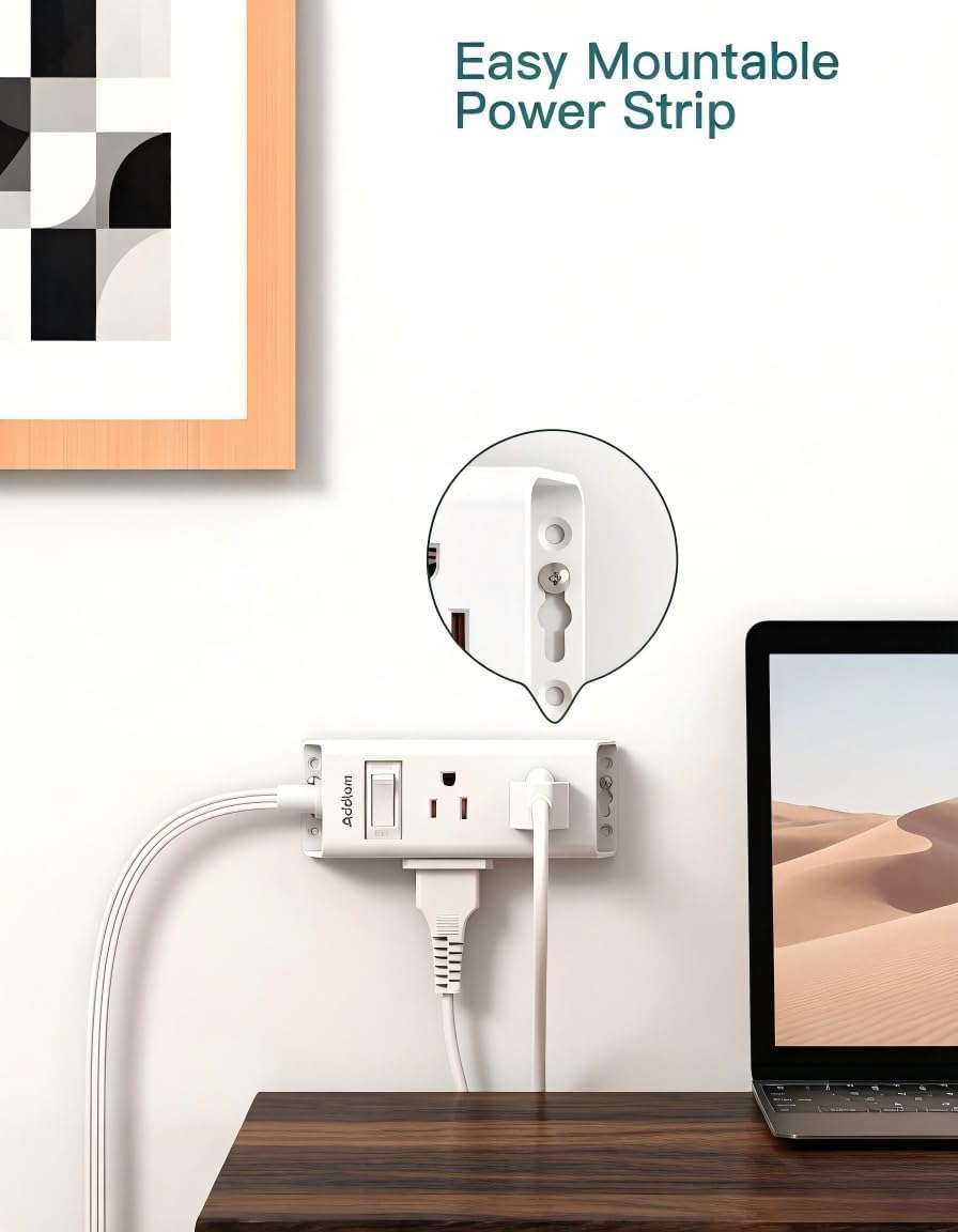 Detalle de Addtam AD308 Flat Plug Power Strip, 6 Outlets, 1 ft Cord