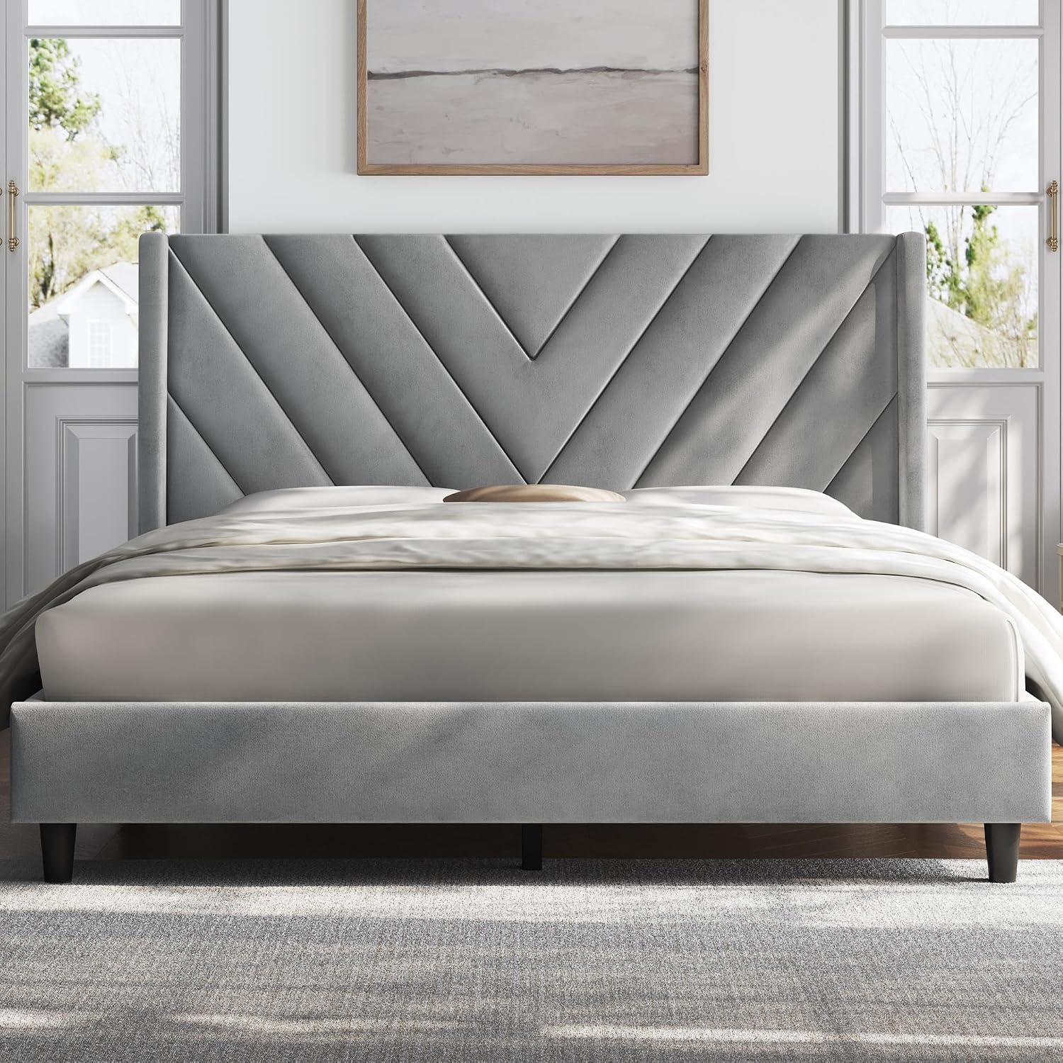 Detalle de Yaheetech YT-00131579-001 Full Bed Frame, Light Gray Velvet Chevron Headboard