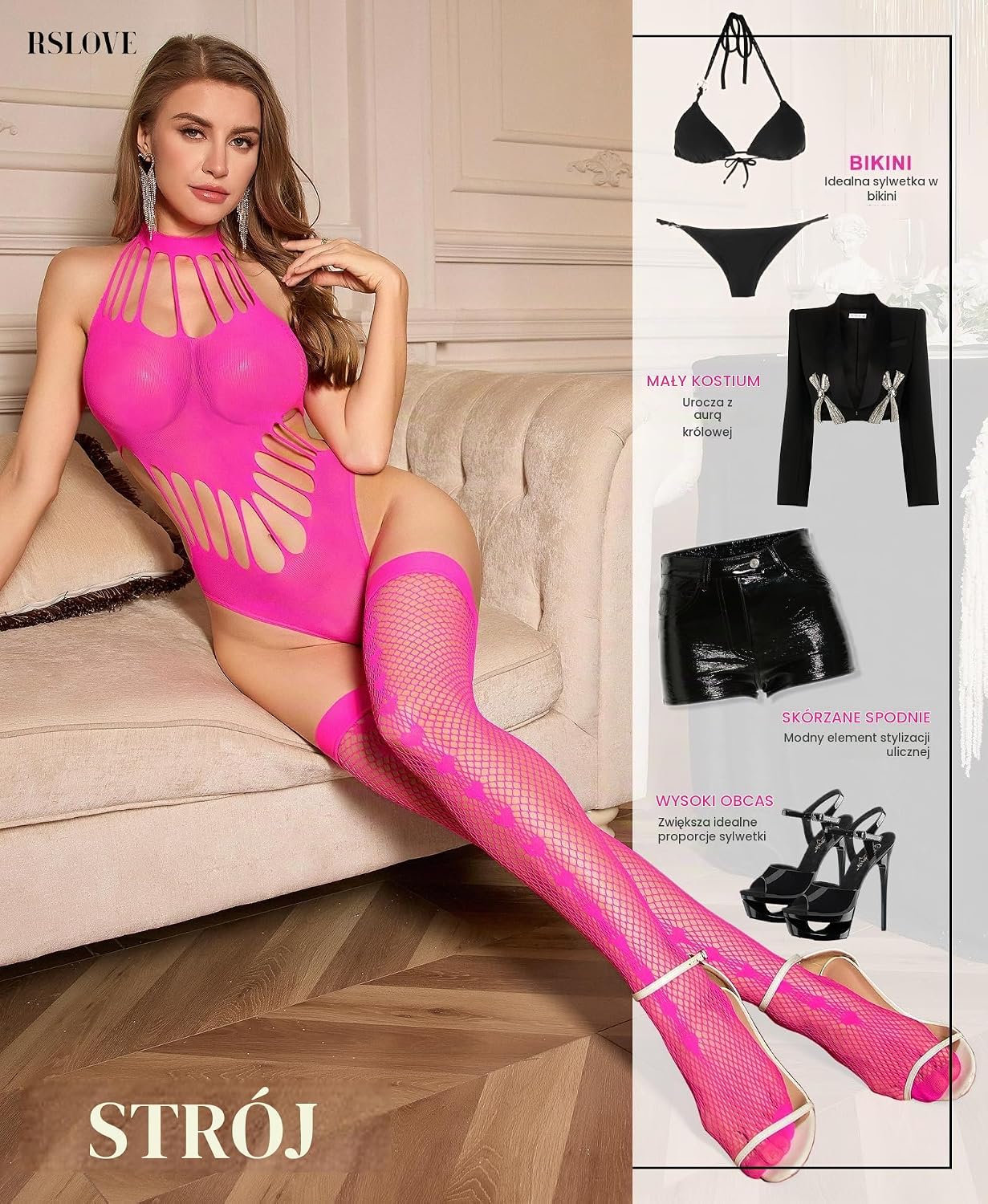 Detalle 2 de RSLOVE damskie body bodystocking z siateczki, wiązaniem na szyi i ozdobnymi paskami