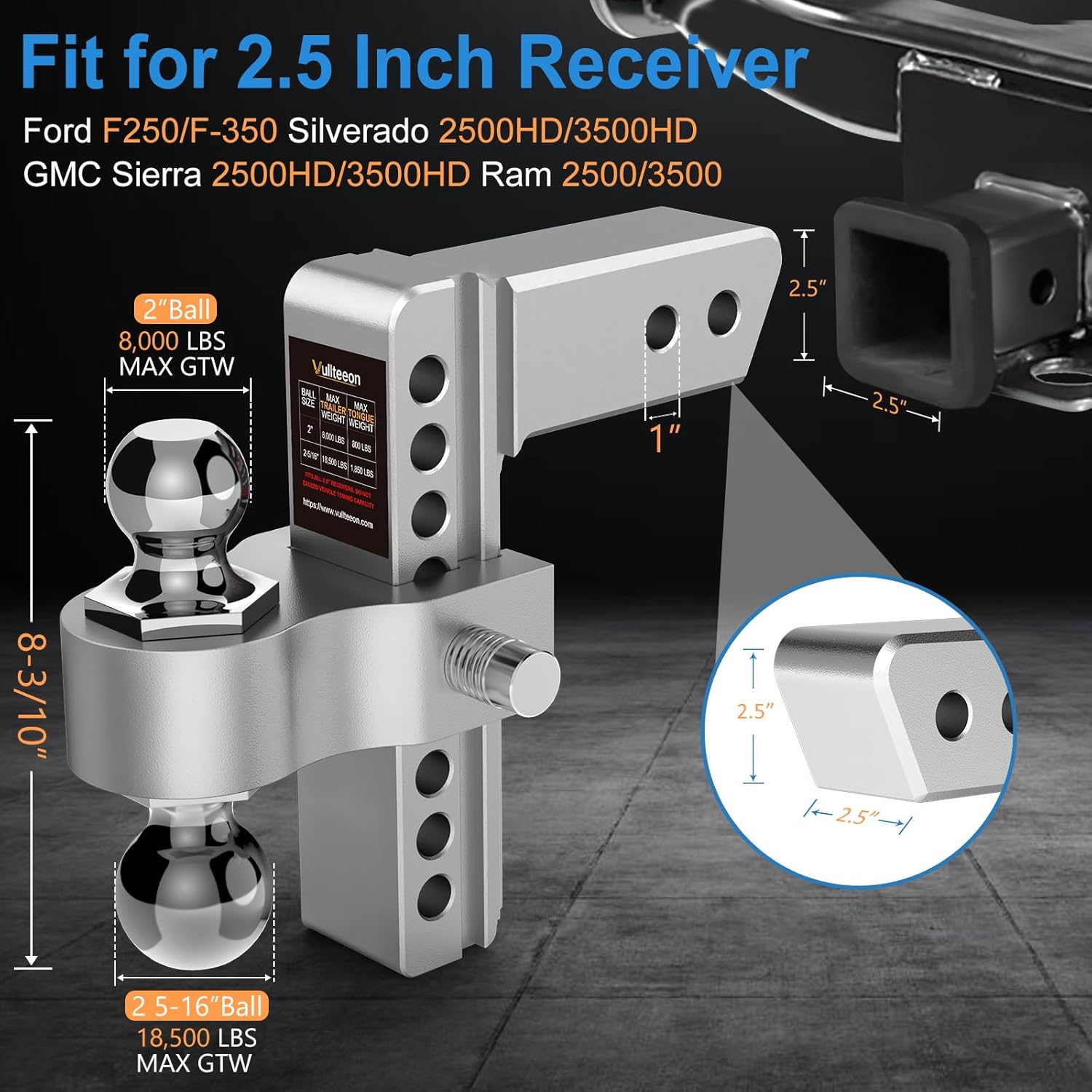 Thumbnail 1 de Vullteeon 8-Inch Adjustable Drop Hitch Ball Mount for 2.5-Inch Receiver with Dual 2" & 2-5/16" Chrome Balls (18,500 LBS GTW) & Anti-Theft Pins
