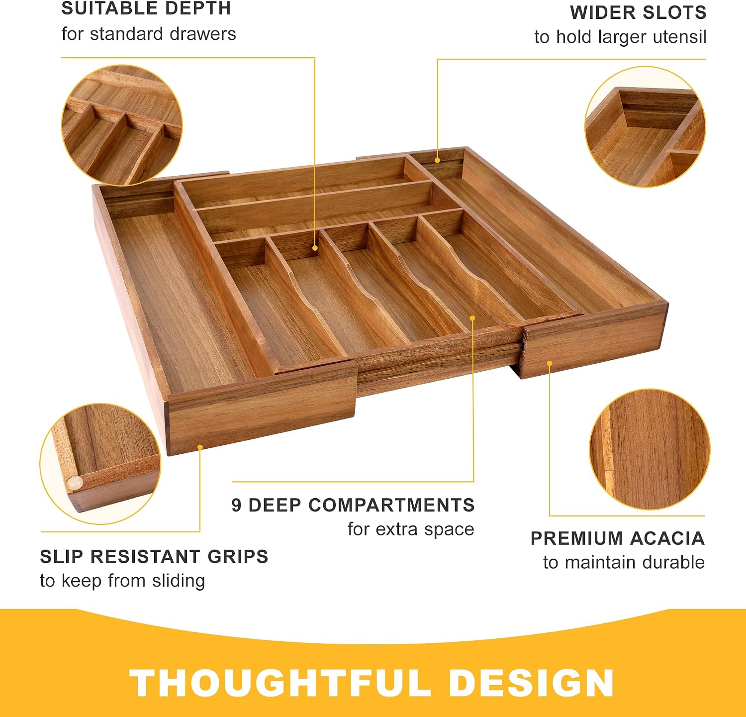 Thumbnail 5 de Oridom Large Premium Acacia Silverware Organizer: Expandable 7–9 Compartments