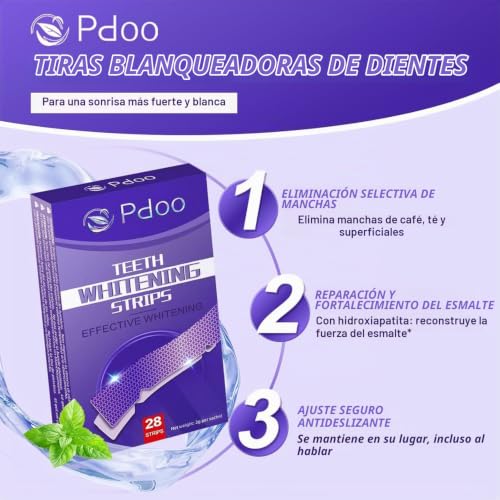 Detalle 2 de Pdoo tiras blanqueadoras dentales moradas, 28 tiras con tecnología correctora