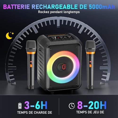 Thumbnail 2 de HWWR T13 enceinte karaoké portable 120 W avec deux micros sans fil et LED