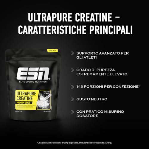 Detalle de ESN Ultrapure Creatina Monoidrato in Polvere 500 g: purezza tedesca per aumentare le performance