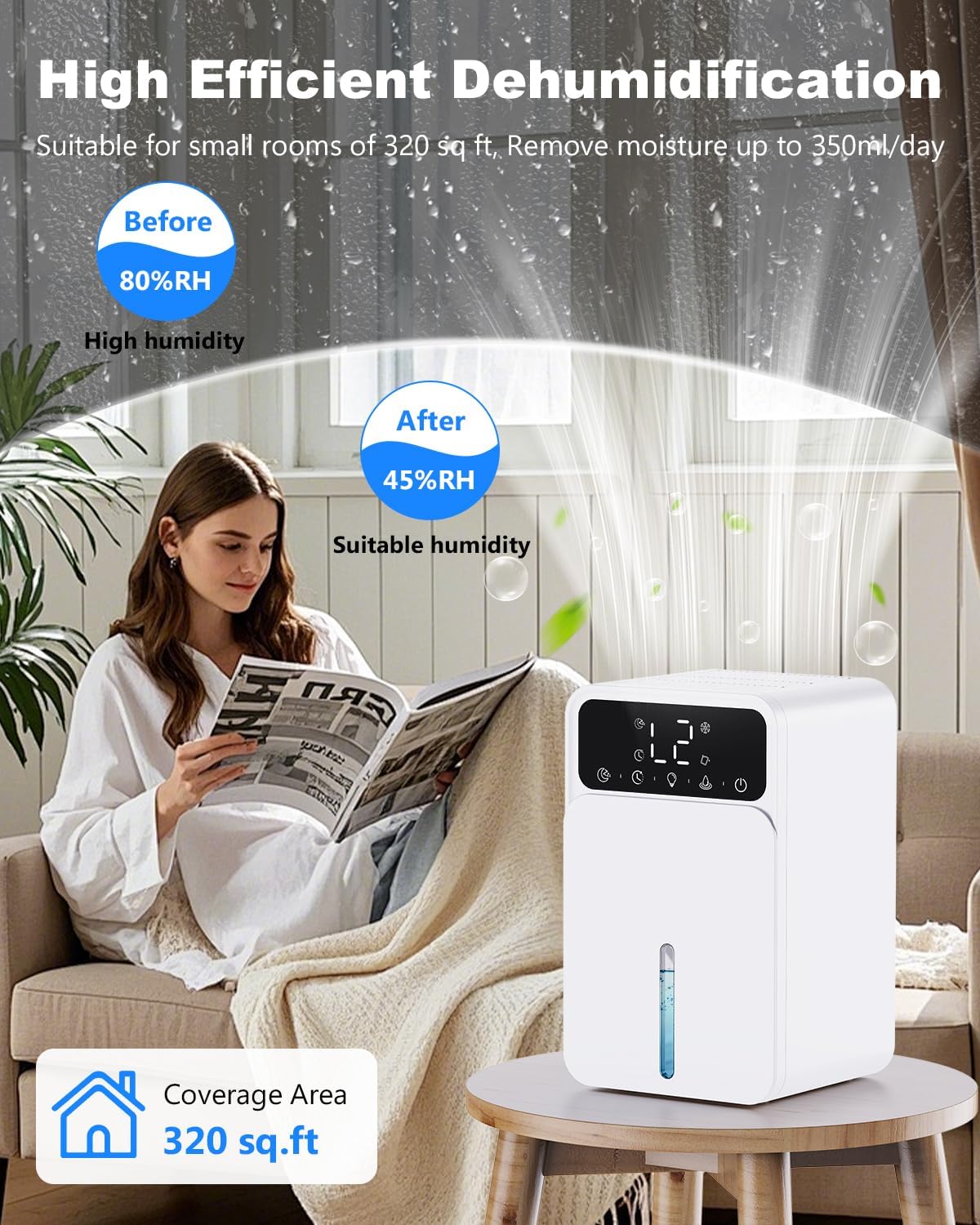 Detalle 2 de Dehumidifiers for Home, 1500ML Portable Dehumidifier with 7 Lights, 12H Timer and Auto Shutoff