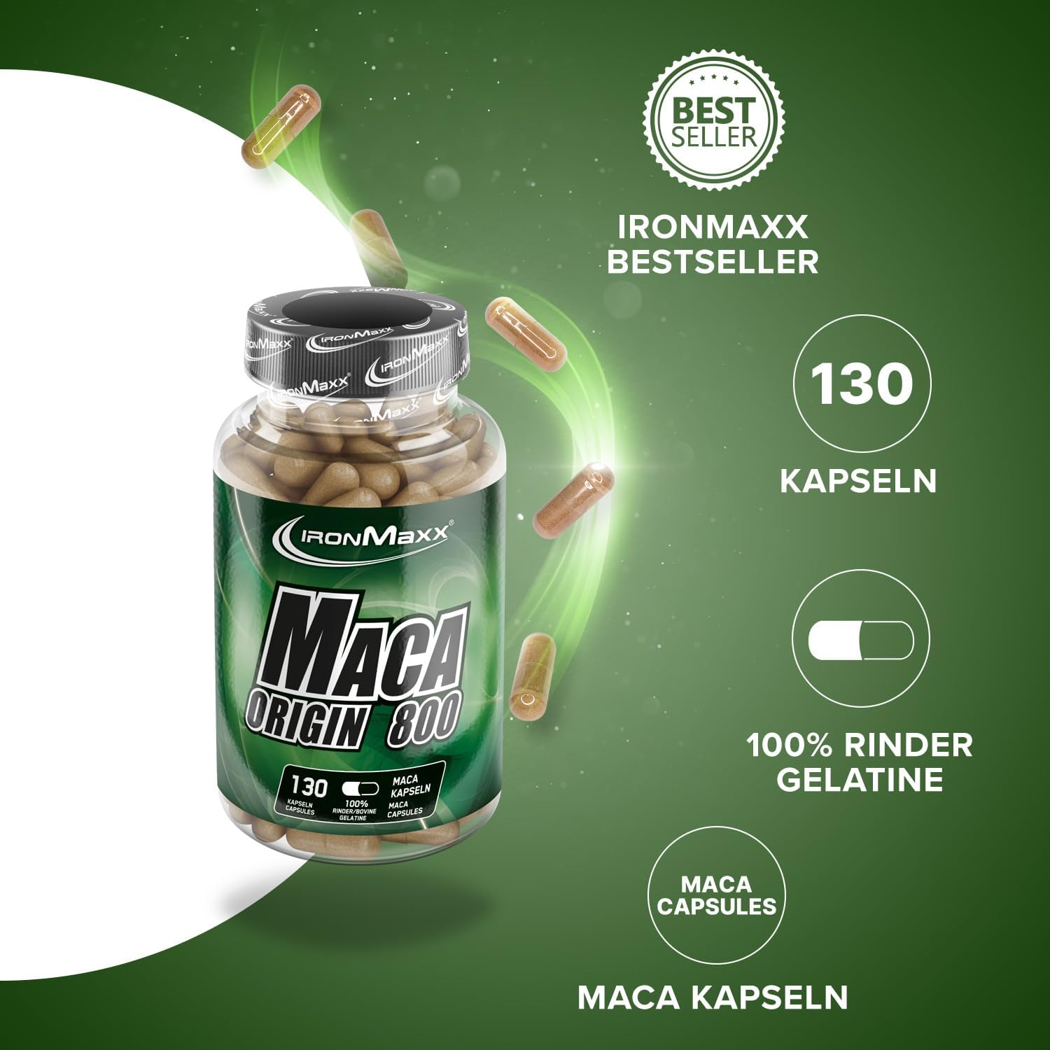 Detalle 2 de IronMaxx Maca Origin Hochdosierte Maca Kapseln – 130 Stück, 800 mg Maca-Extrakt aus Peru