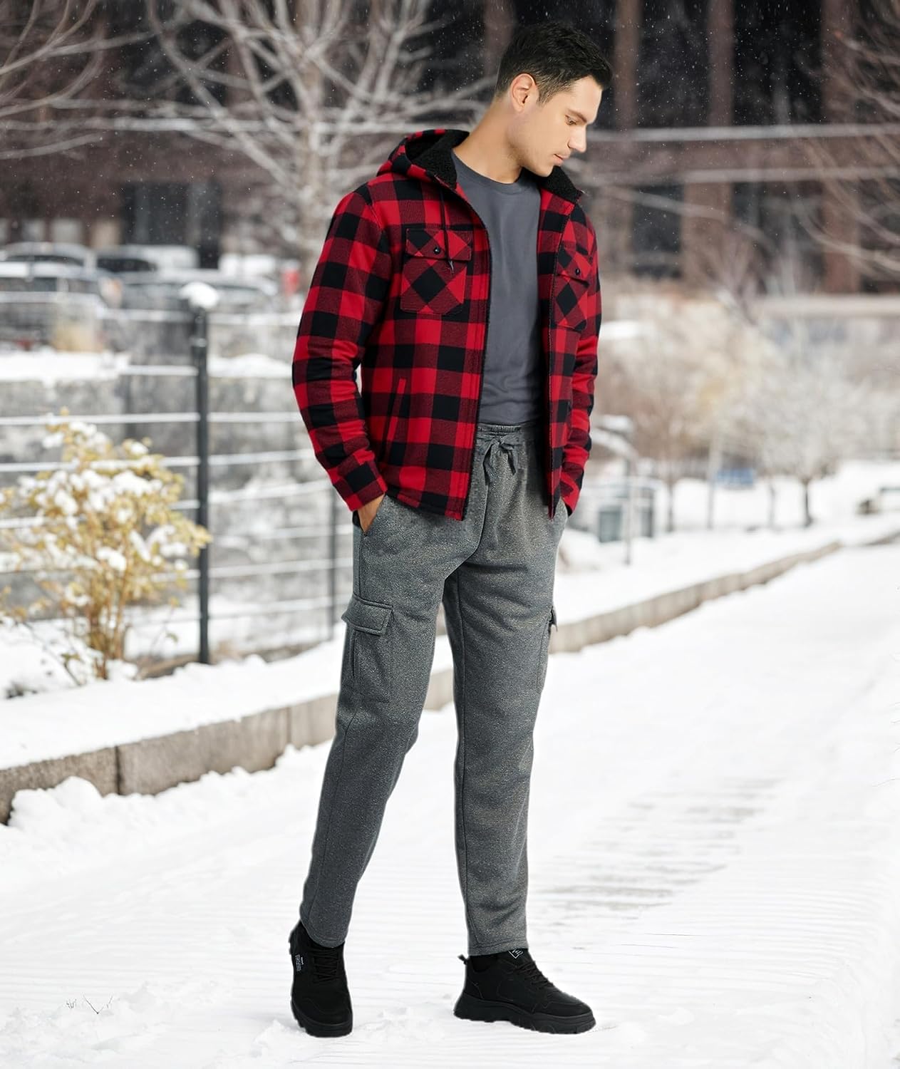 Detalle de JACKETOWN Herren Fleecejacke Flanell Hemdjacke mit Kapuze – warme kariert Übergangsjacke für Herbst und Winter