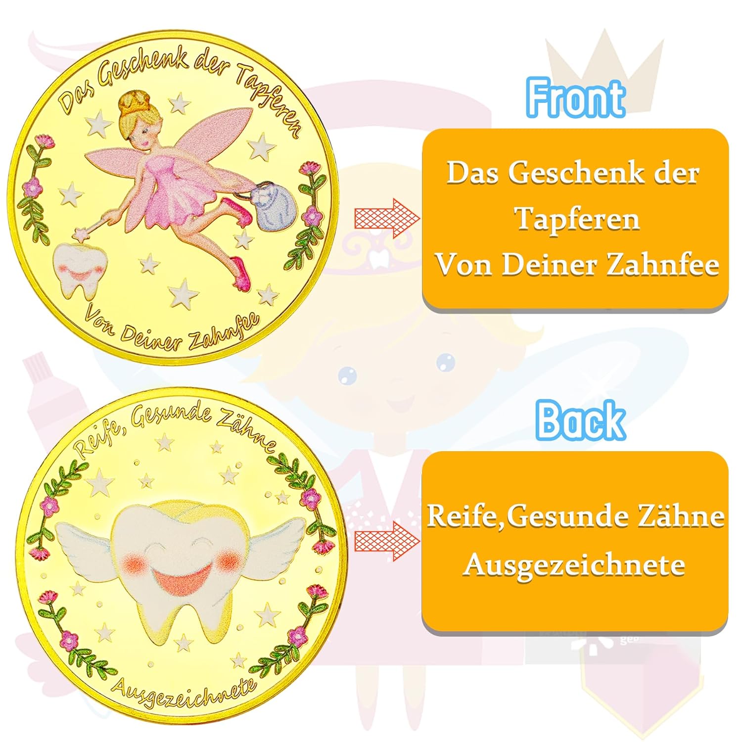 Detalle de VEEKAY Zahnfee Münzen (10 Stück) – bunte Goldmünzen als Geschenk für Kinder