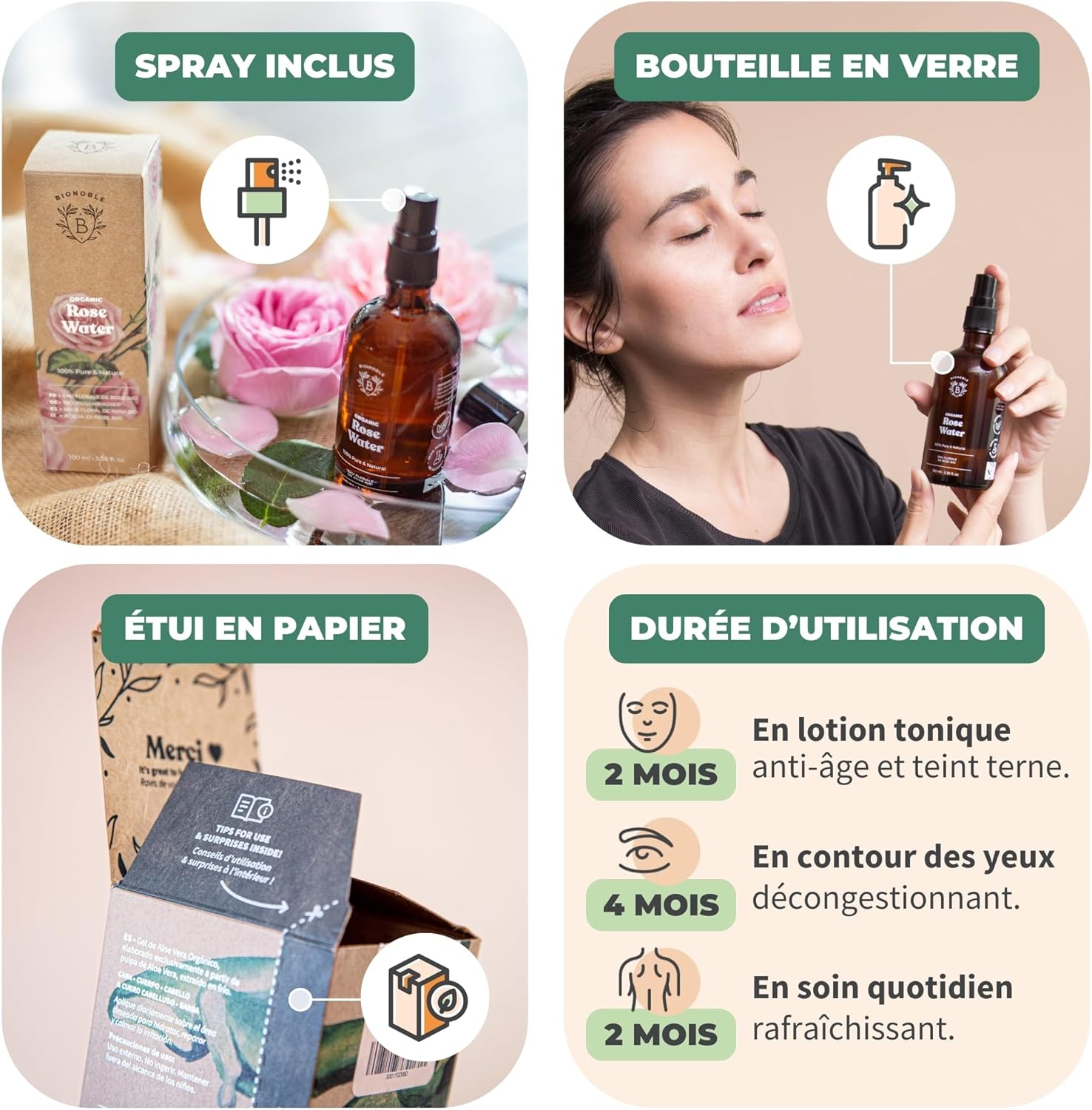 Detalle de BIONOBLE Eau de Rose Bio, Hydrolat 100 ml — Tonifie, Apaise et Redonne Éclat