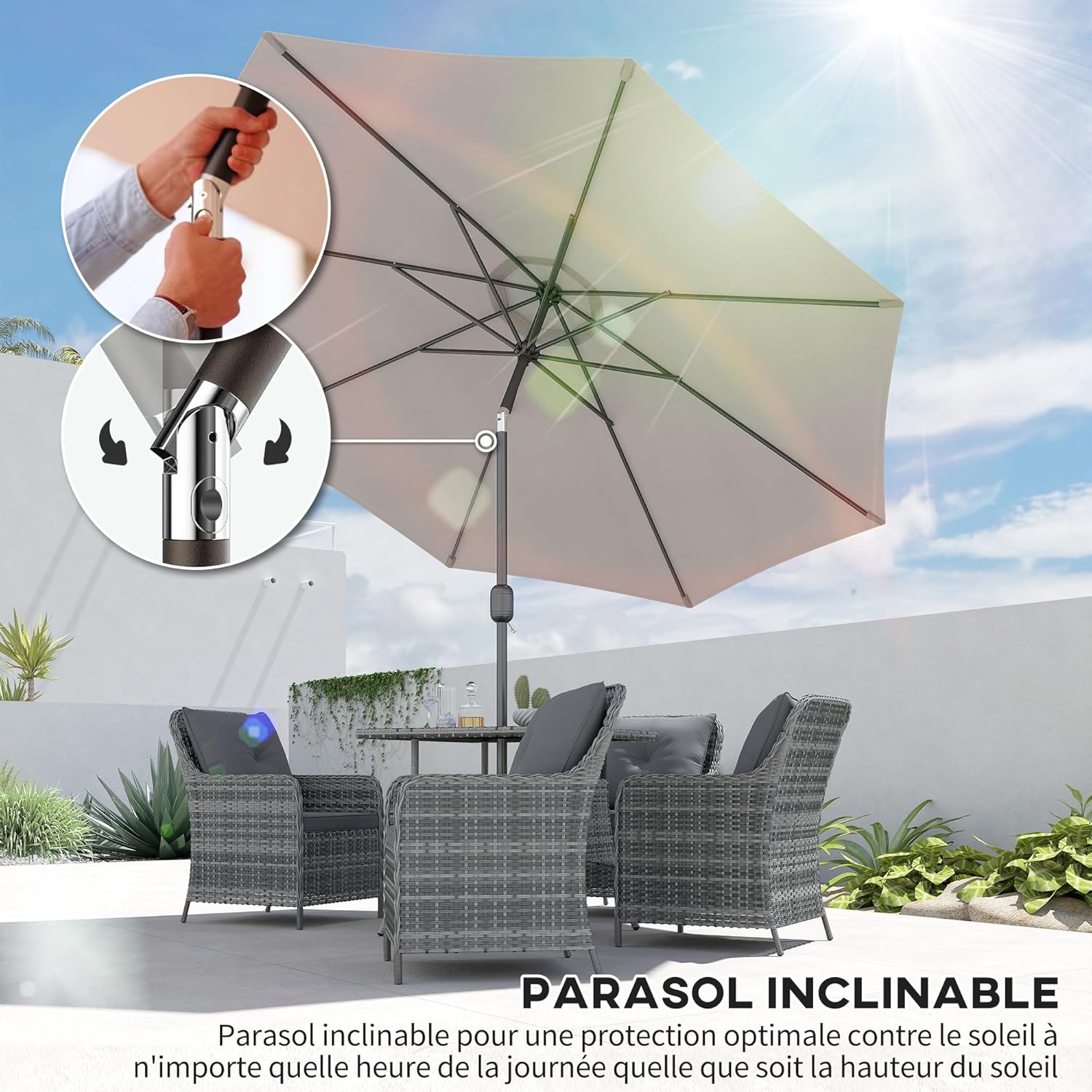 Thumbnail 2 de Outsunny Parasol de jardin extérieur droit inclinable Ø 2,95 m – Gris clair, métal et toile 180 g/m²