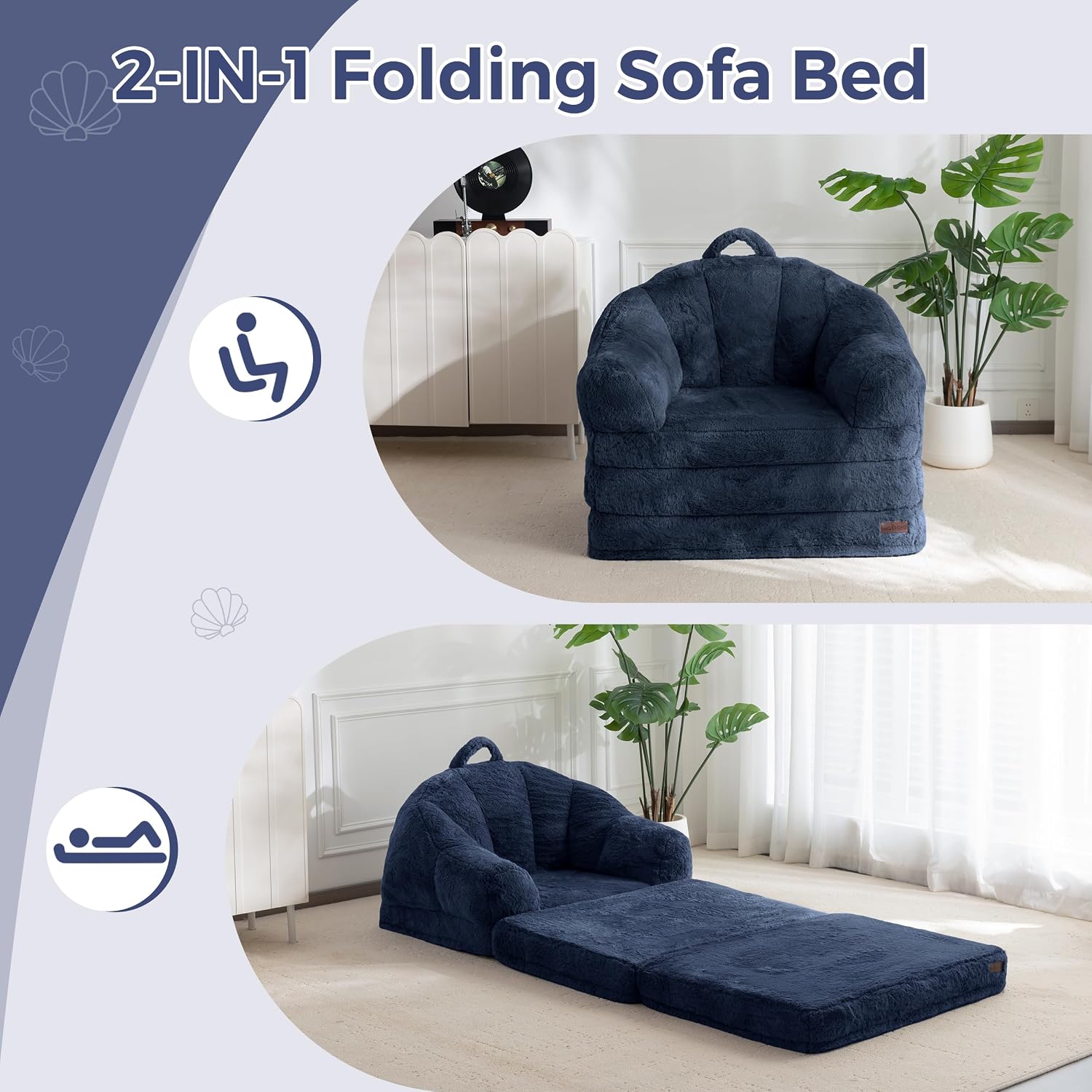 Thumbnail 3 de MAXYOYO Folding Sofa Bed, 2-in-1 Navy Faux Fur Floor Lounger, Medium