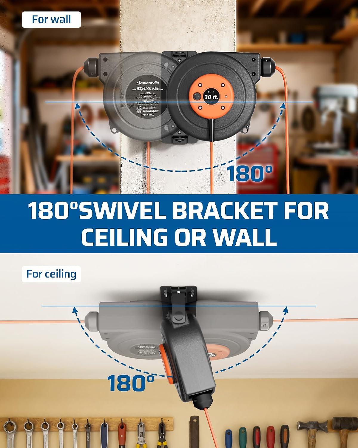 Detalle de DEWENWILS DL-601 30 ft Extension Cord Reel, 16/3C Cable, Three Outlets
