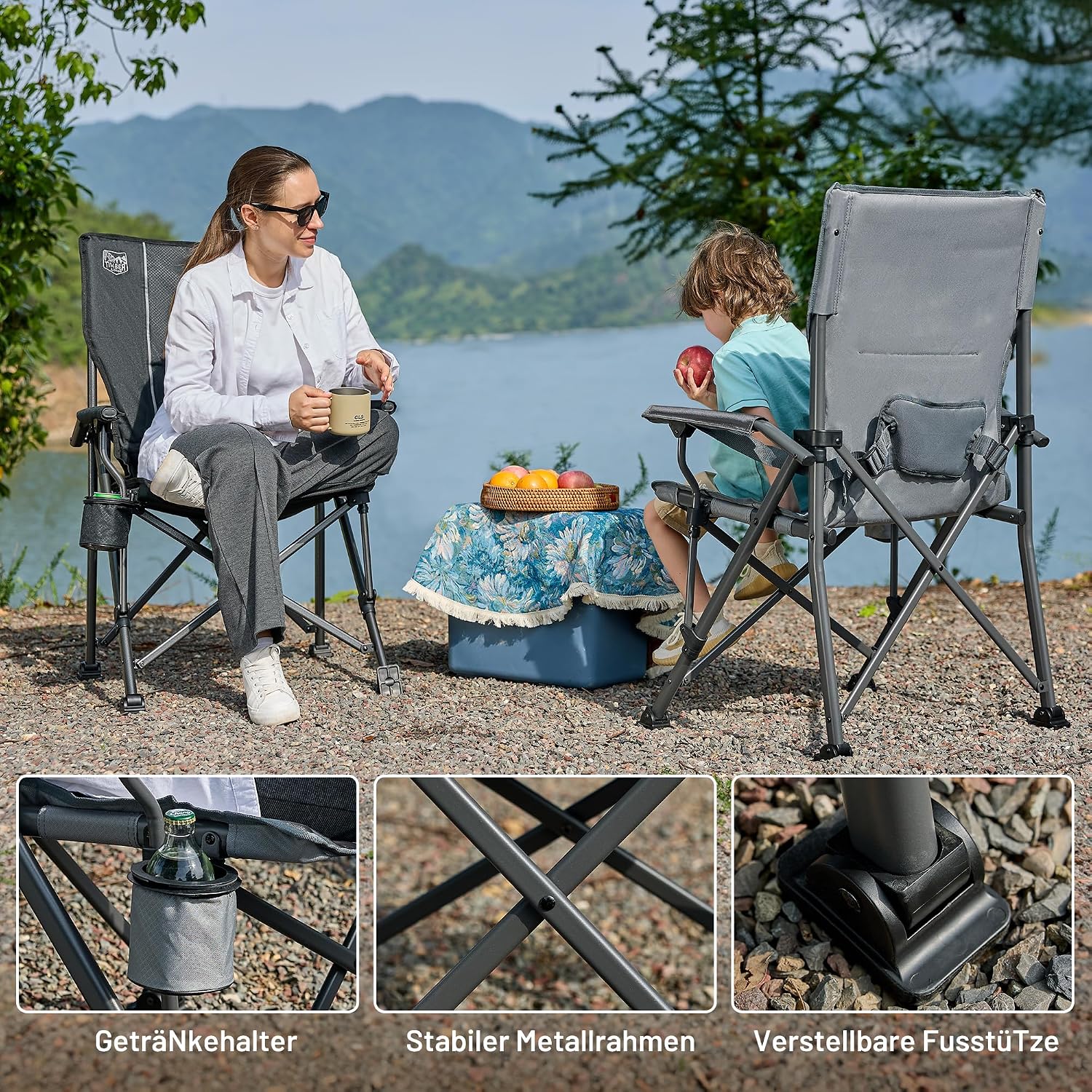 Detalle de TIMBER RIDGE Faltstuhl Campingstuhl Hochlehner mit 150 kg Tragkraft, Getränkehalter und verstellbarer Rückenlehne