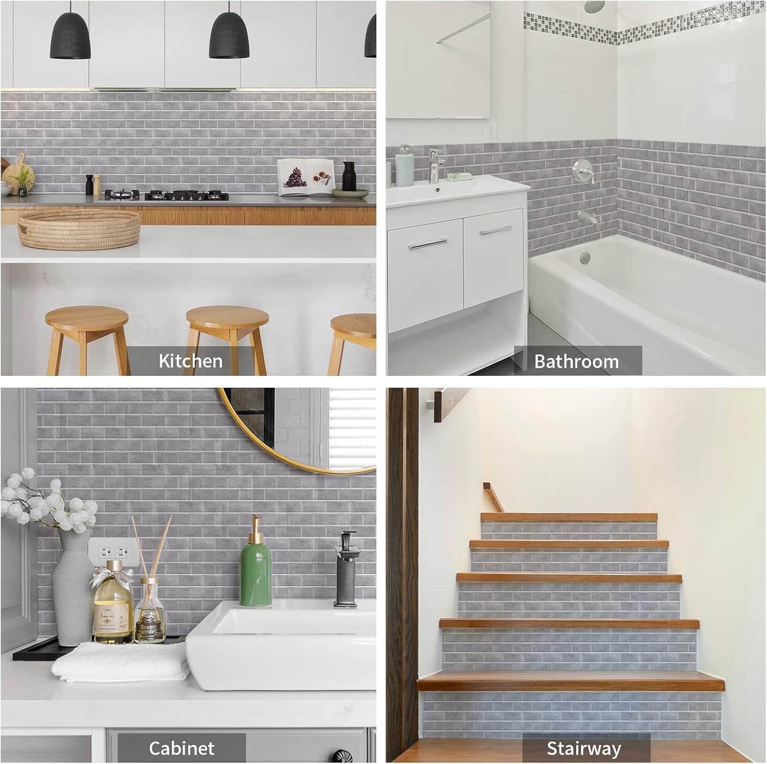 Thumbnail 6 de Fantasnight Grey Brick Tile Stickers (PET) – Peel and Stick Waterproof Vinyl for Bathroom & Kitchen, 30x15cm, 12 pcs