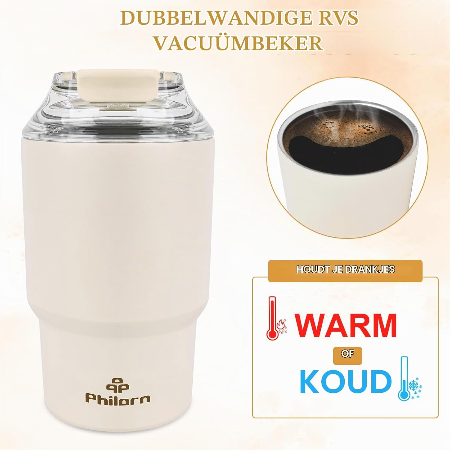 Detalle de PHILORN 92CM-SI-9WP reisbeker 400 ml van roestvrij staal, wit