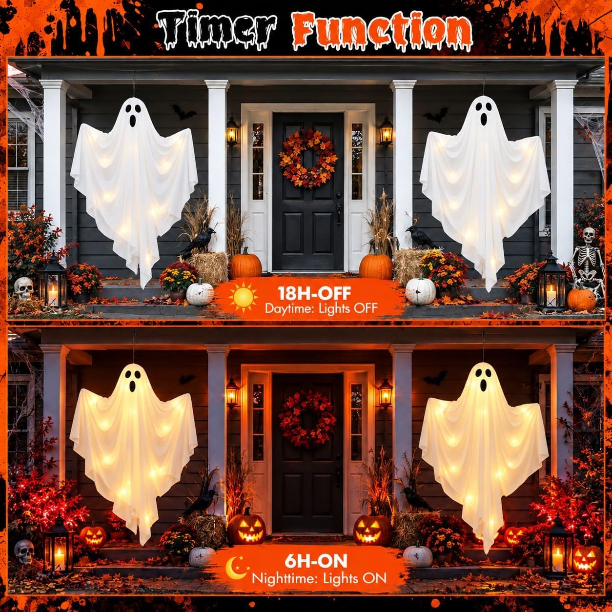 Detalle 1 de Dusk&Decorum 1212 4-Foot Lighted Hanging Ghosts, 2-Pack with Remote