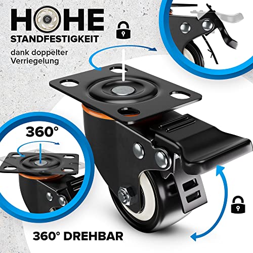 Detalle de PEARWAY Schwerlastrollen 50mm – 320 kg, 4x Bremse, leise & langlebig