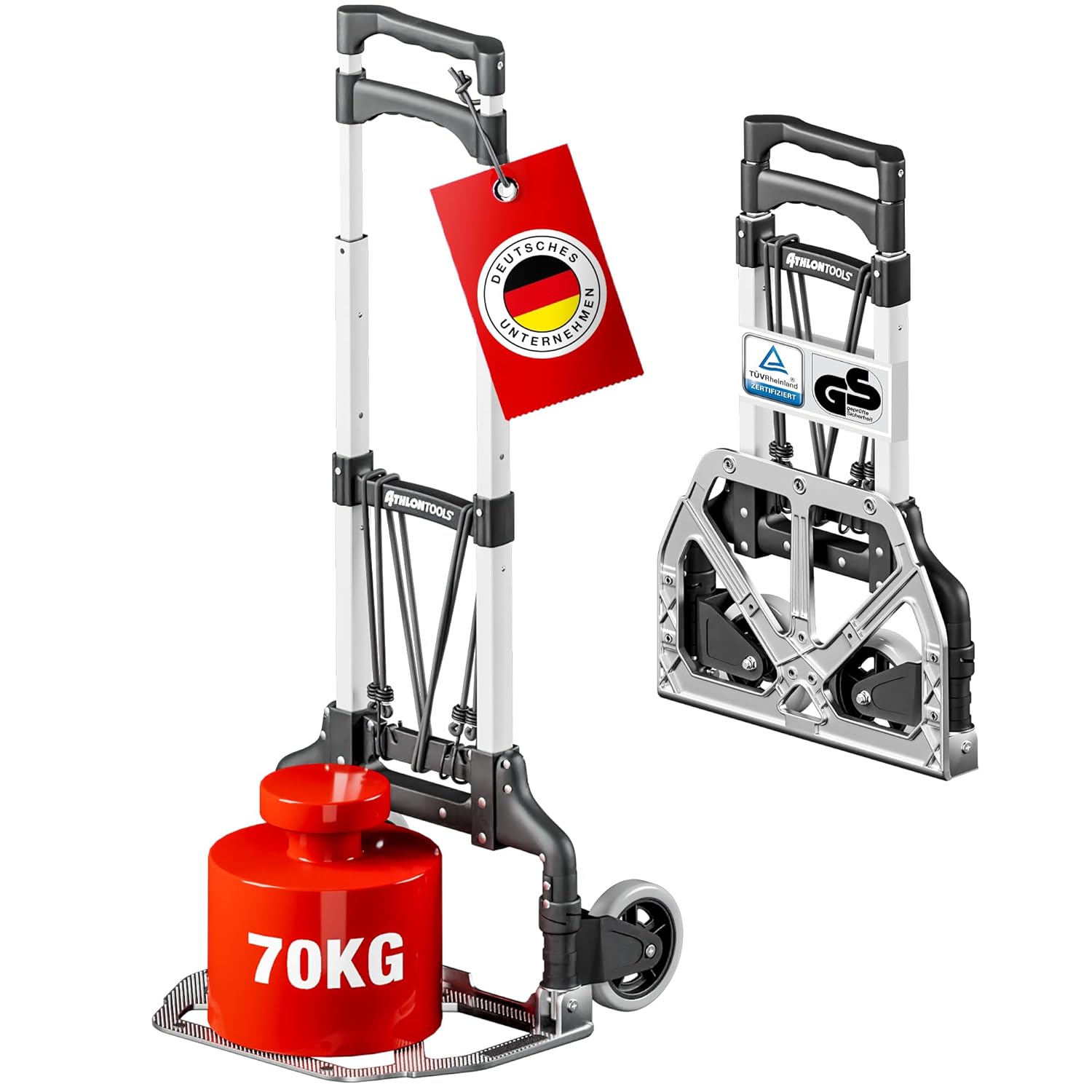 Detalle de ATHLON TOOLS Aluminium Transportkarre klappbar mit langem Teleskopgriff (110 cm) – TÜV geprüft