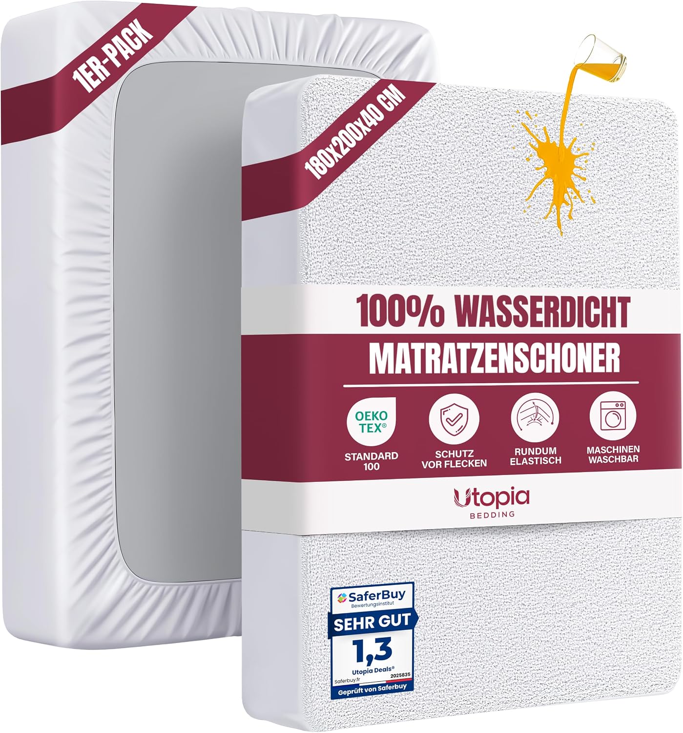 Detalle de Utopia Bedding Matratzenschoner 180 x 200 x 40 cm wasserdicht & rundum elastisch (OEKO-TEX) – Schutzauflage